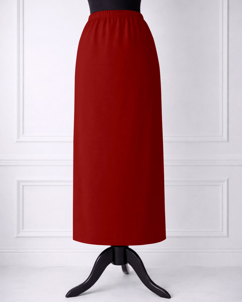 Stock photo of our Nuggles® 34-inch classic skirt elastic waistband and straight silhouette in Brick Red