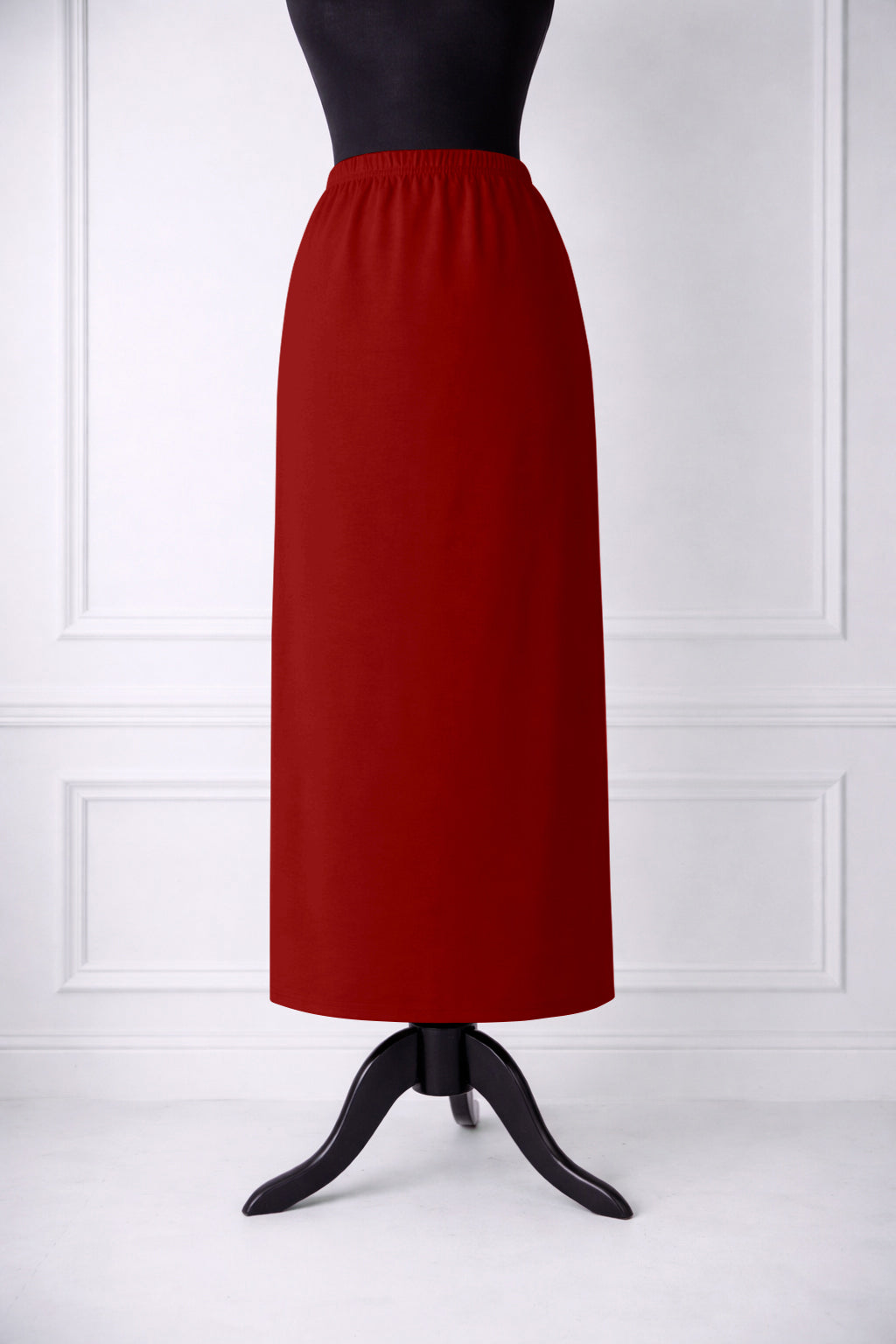 Stock photo of our Nuggles® 34-inch classic skirt elastic waistband and straight silhouette in Brick Red
