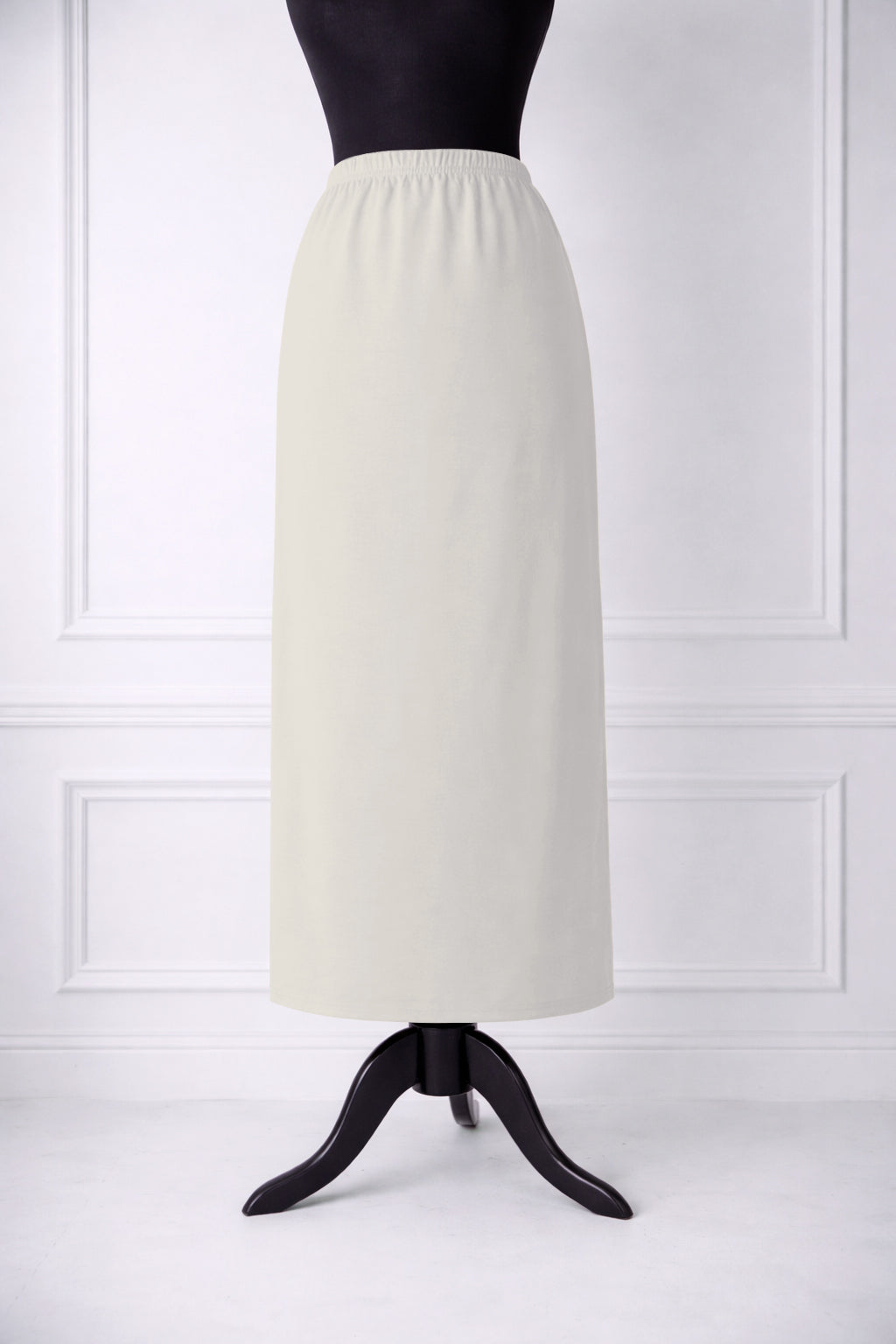 Stock photo of our Nuggles® 34-inch classic skirt elastic waistband and straight silhouette in Off White