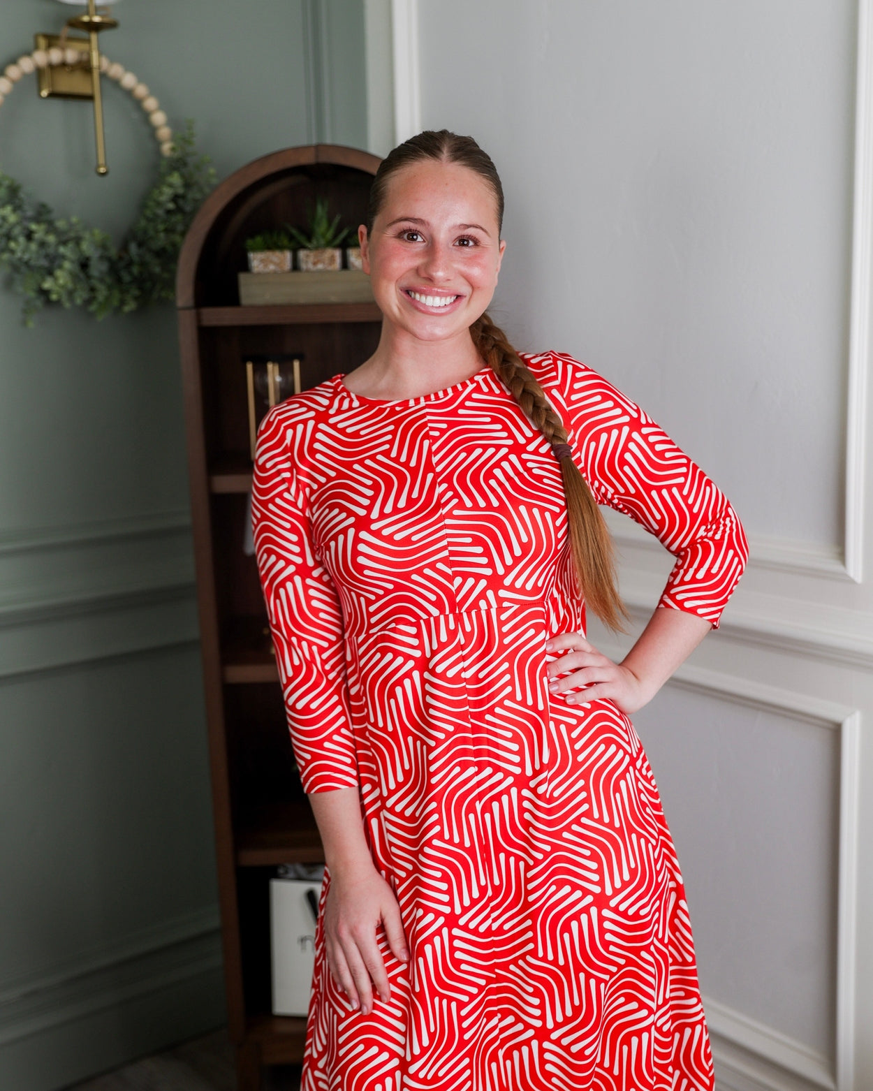 Model wearing Modest Nuggles® Cindy Bubble Dress in Berry Maze