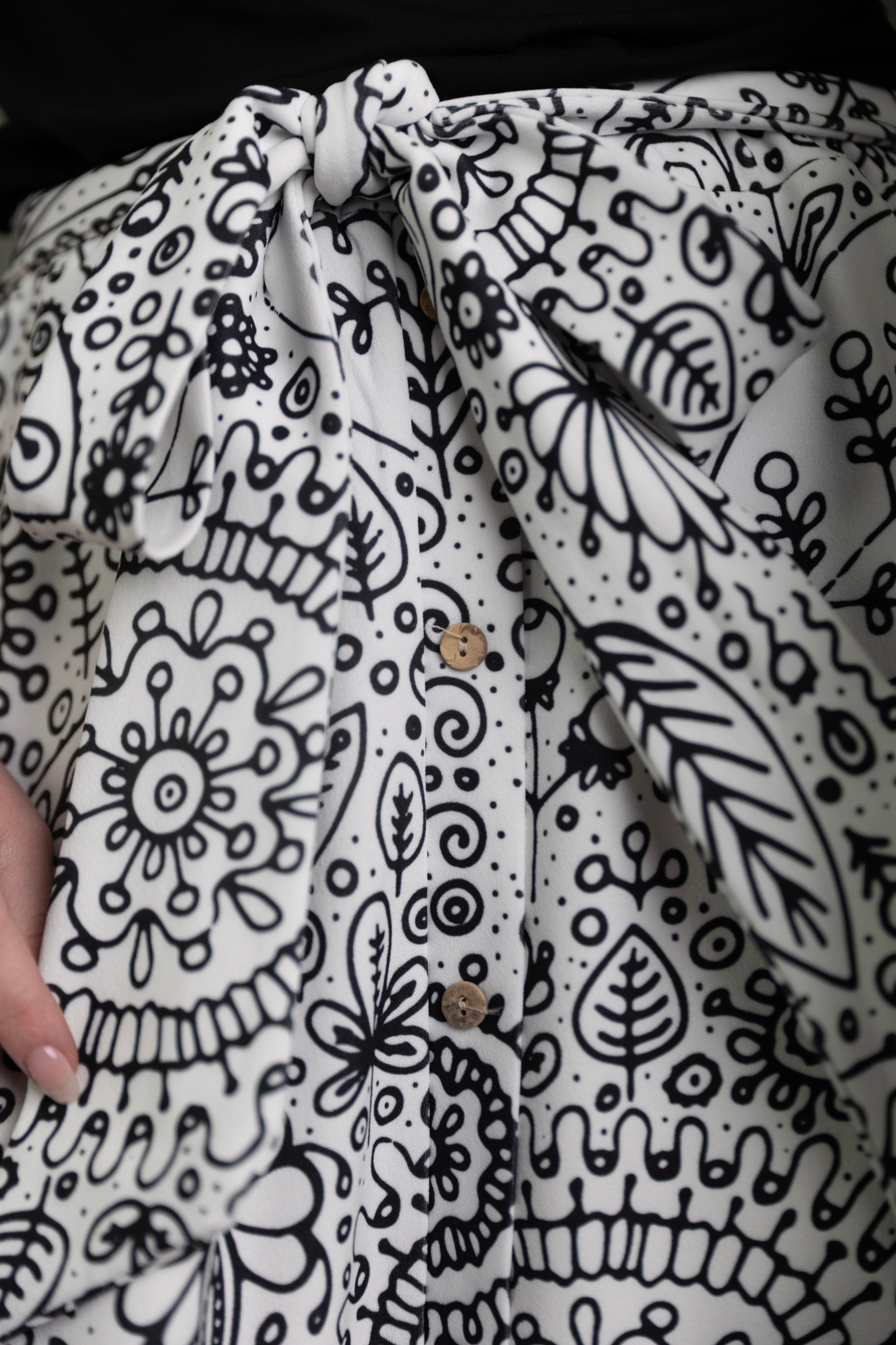 Nuggles® Bria Skirt Sunday Sketch doodle print midi skirt with waist tie