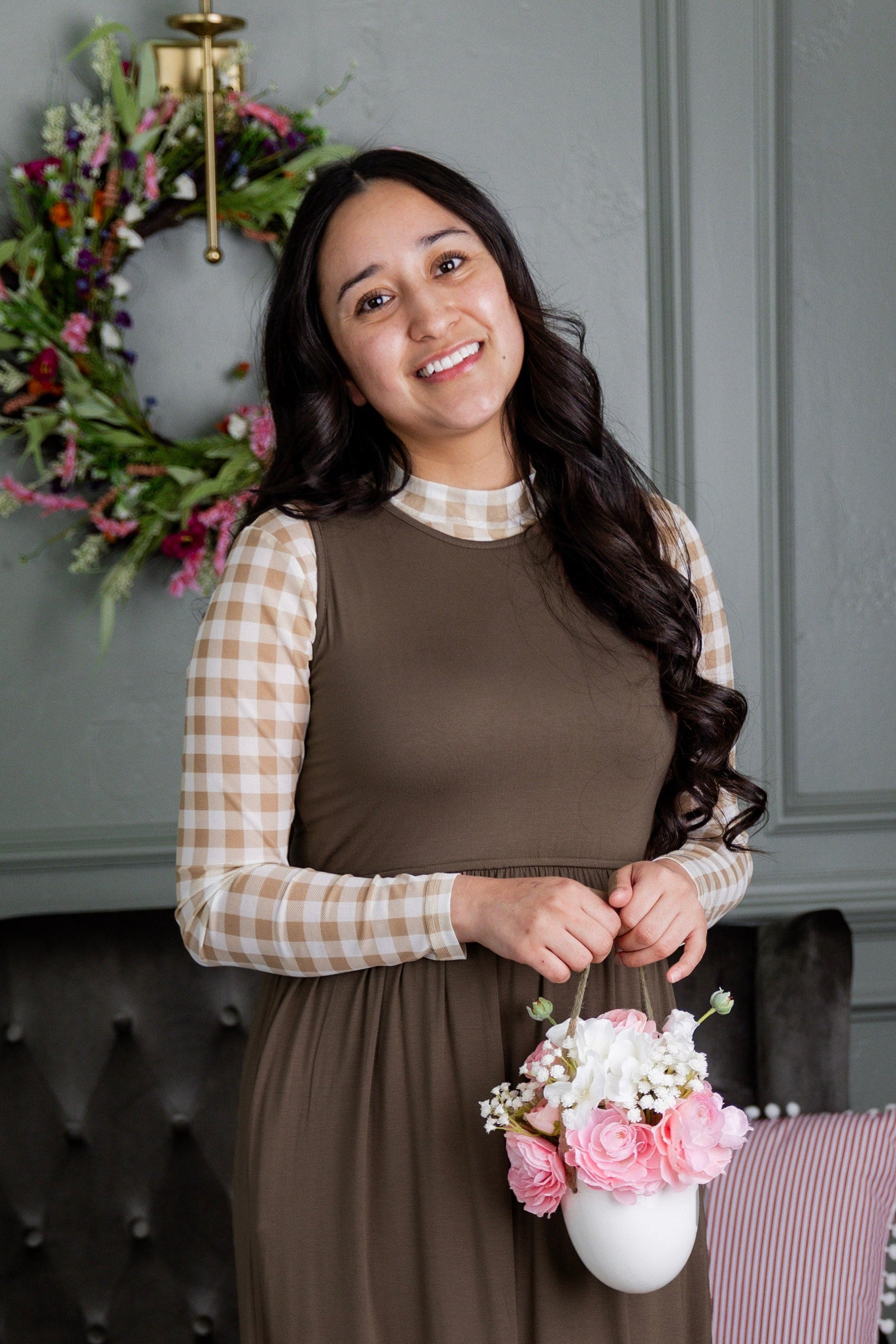 Model wearing the Nuggles® Riley Dress in Mocha Brown and Mesh Tee in Sugarcone Gingham