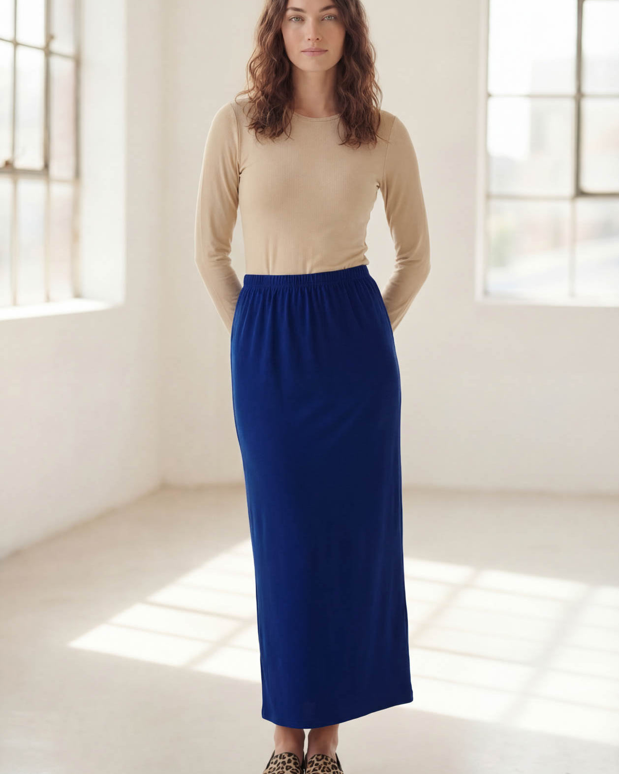 Model wearing Nuggles® 36" Classic Skirt in Dark Royal