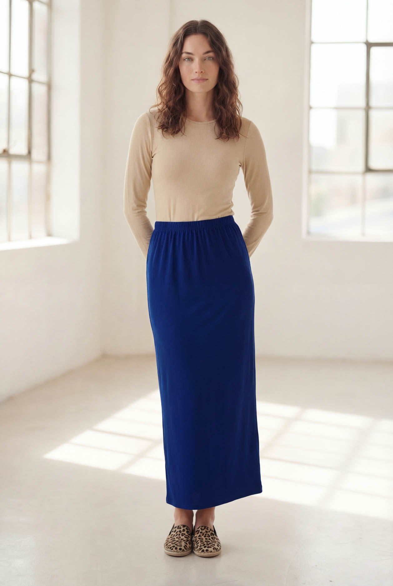 Model wearing Nuggles® 36" Classic Skirt in Dark Royal