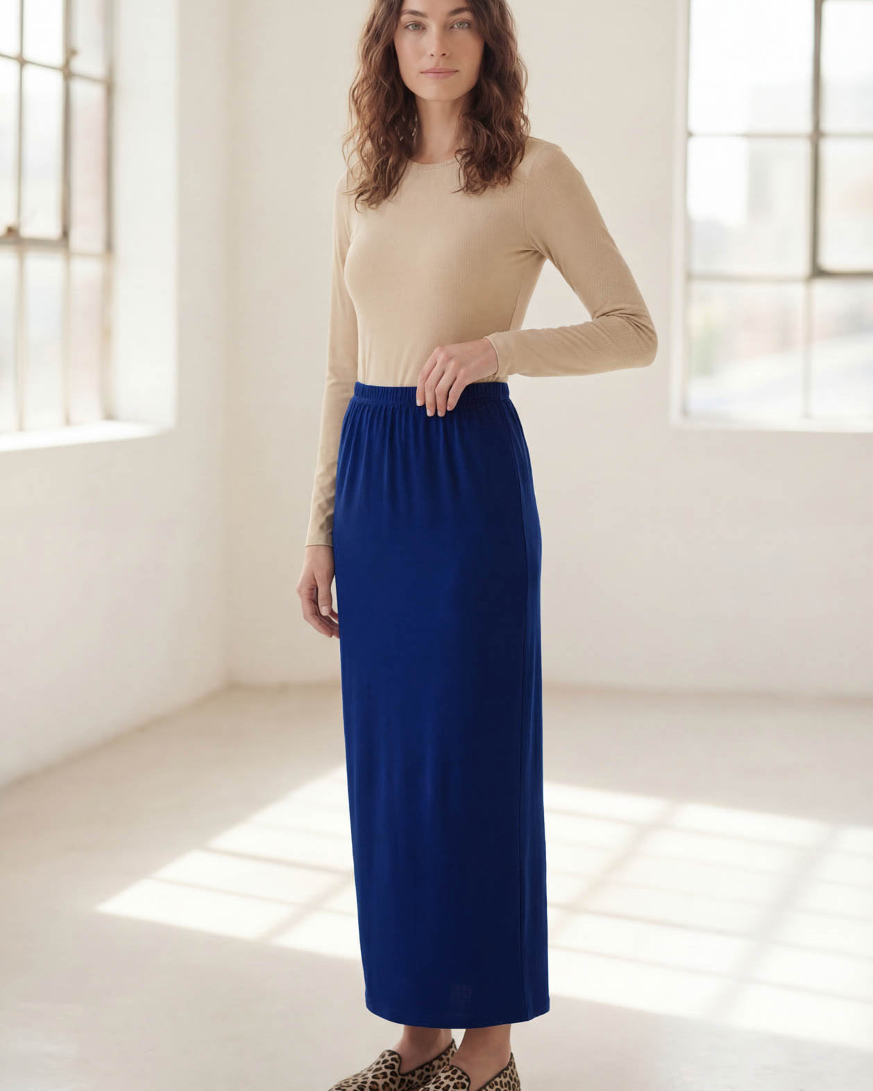 Model wearing Nuggles® 36" Classic Skirt in Dark Royal
