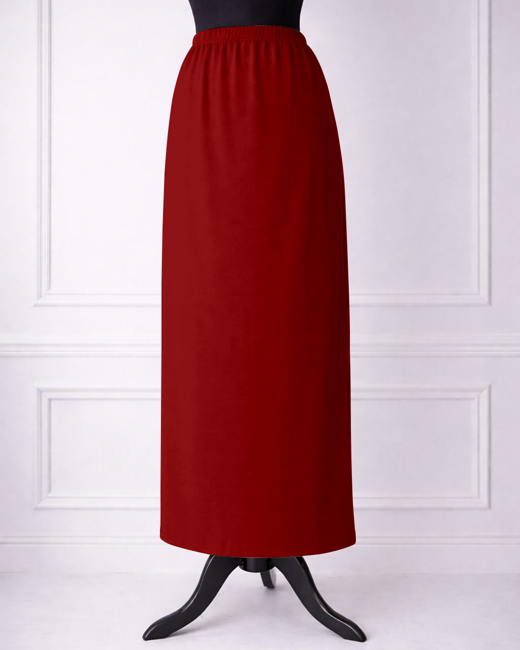 Stock photo of our Nuggles® 36-inch classic skirt elastic waistband and straight silhouette in Brick Red