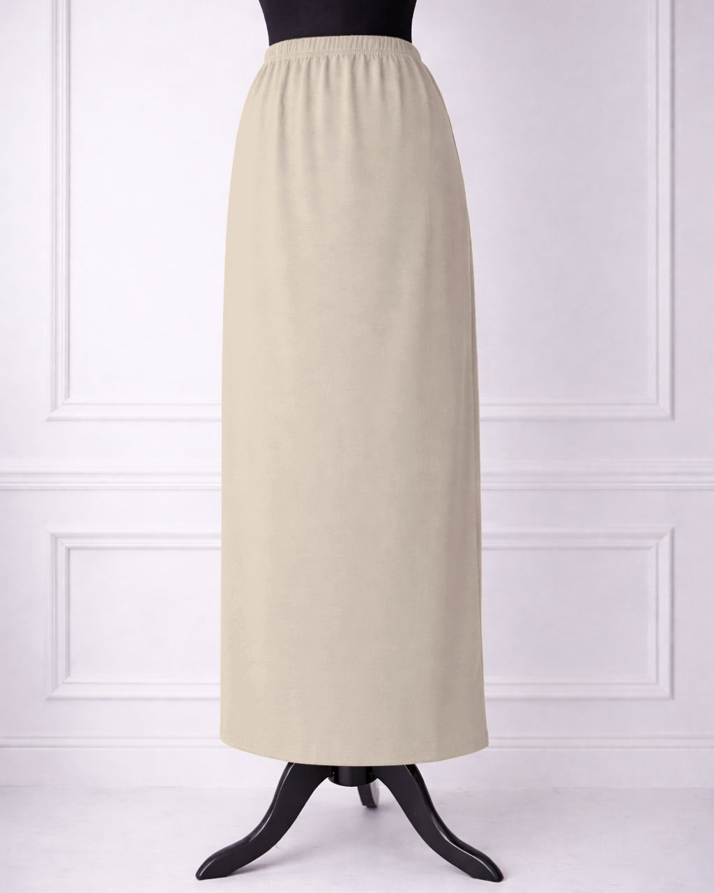 Stock photo of our Nuggles® 36-inch classic skirt elastic waistband and straight silhouette in Nude