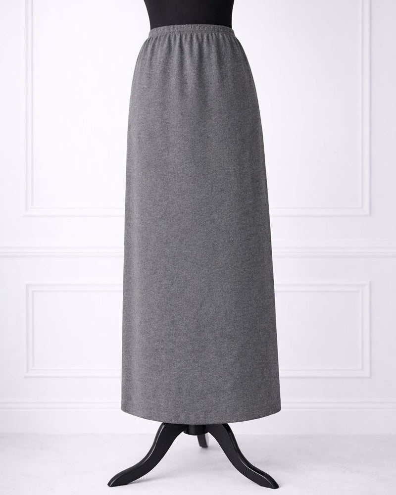 Stock photo of our Nuggles® 36-inch classic skirt elastic waistband and straight silhouette in Heather Grey