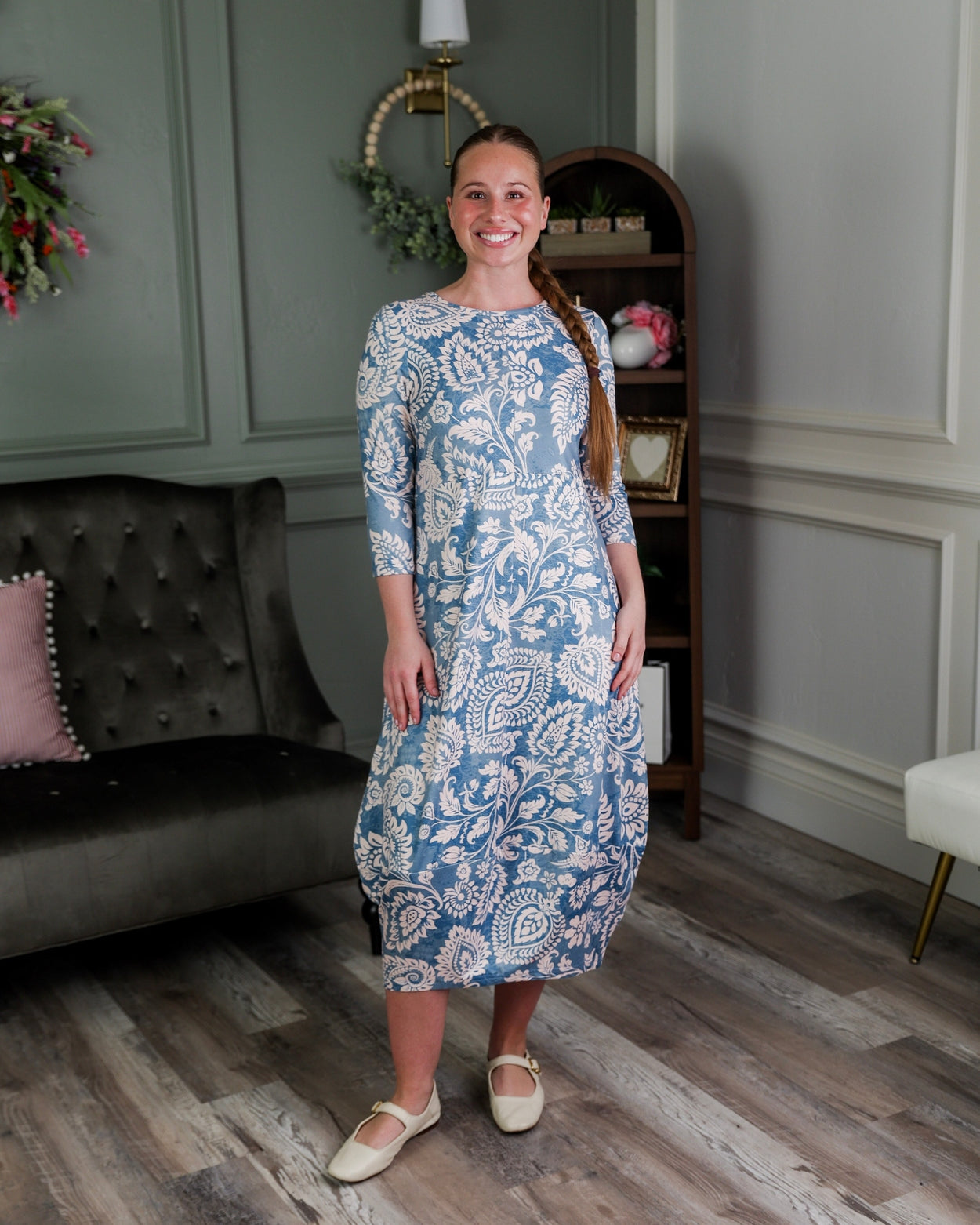 Model wearing Modest Nuggles® Cindy Bubble Dress in Harbor Paisley