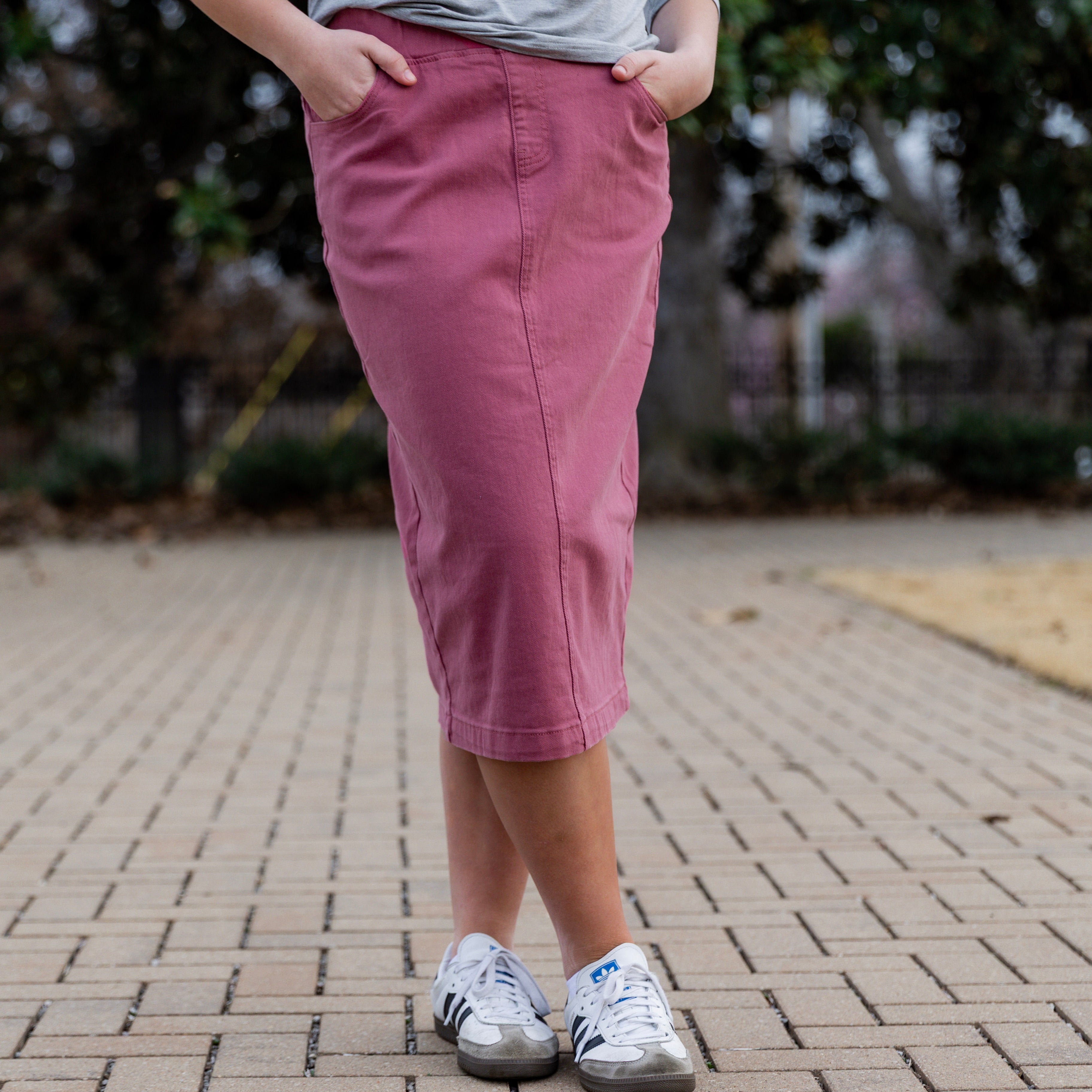 Modest denim skirt with stretch waistband and front/back pockets – available in 27", 31", and 34" lengths – Nuggles® exclusive