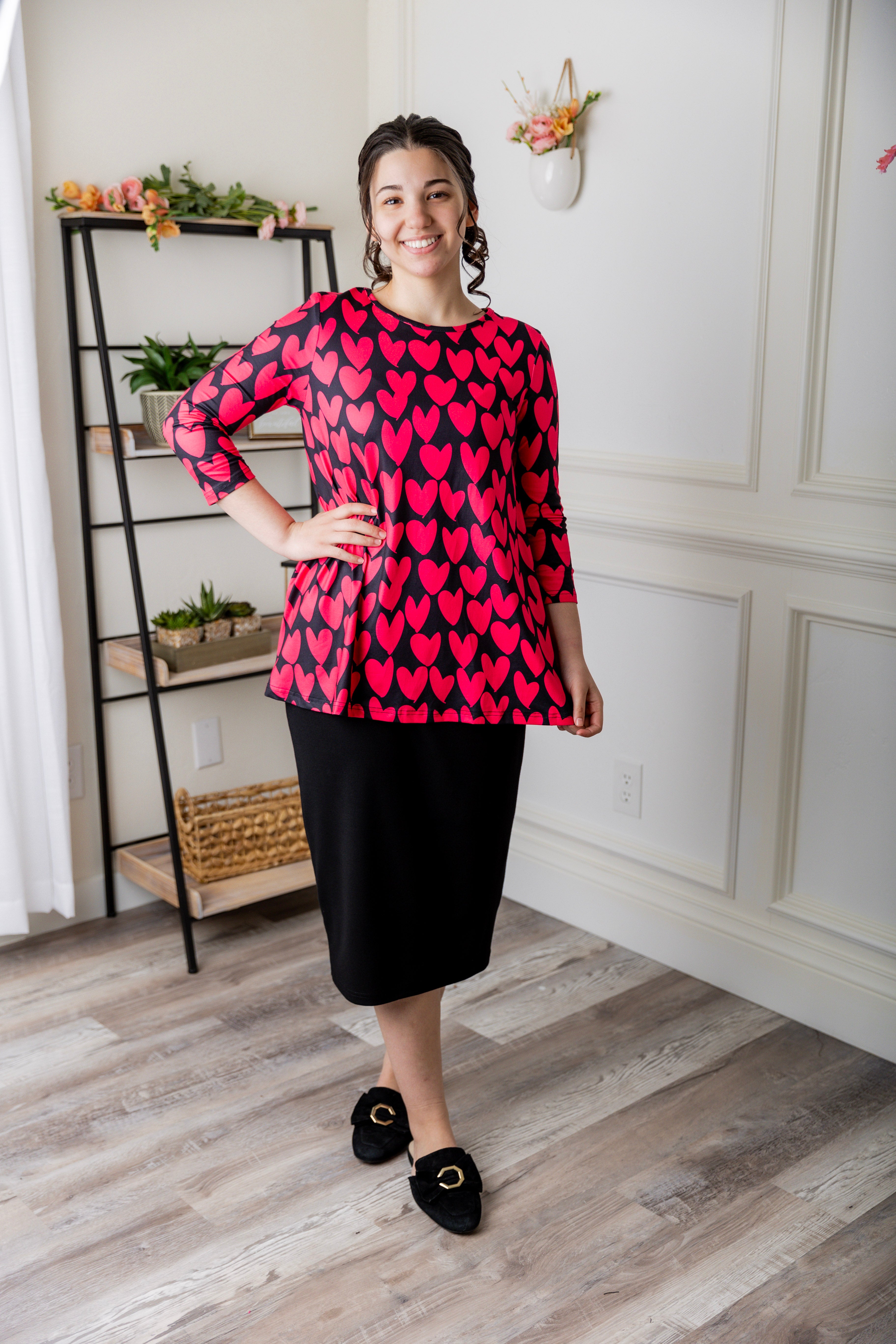 Modest 3/4 sleeve tunic top for women – Lexi Top by Nuggles®, flattering loose fit with soft stretch fabric.