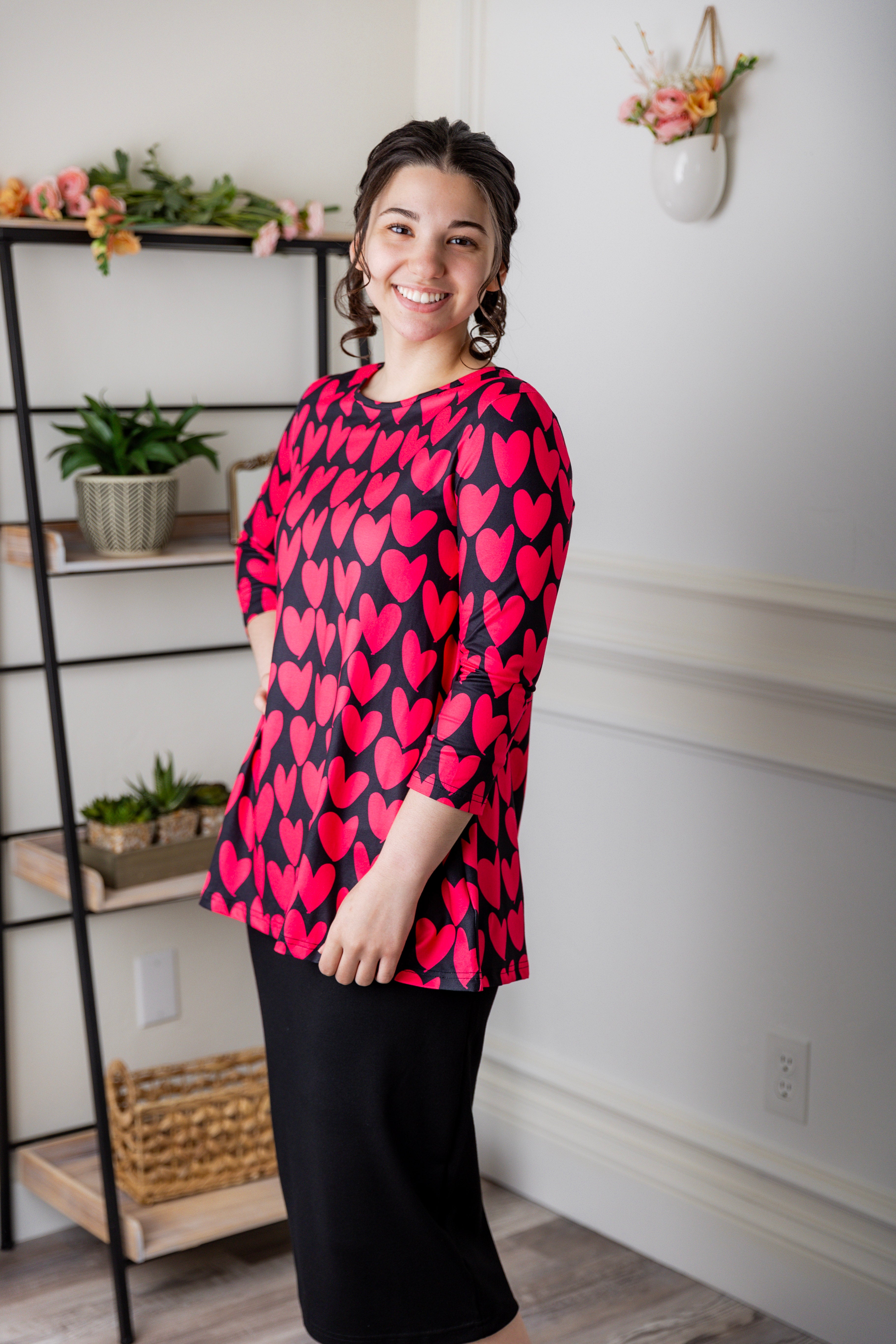 Modest 3/4 sleeve tunic top for women – Lexi Top by Nuggles®, flattering loose fit with soft stretch fabric.