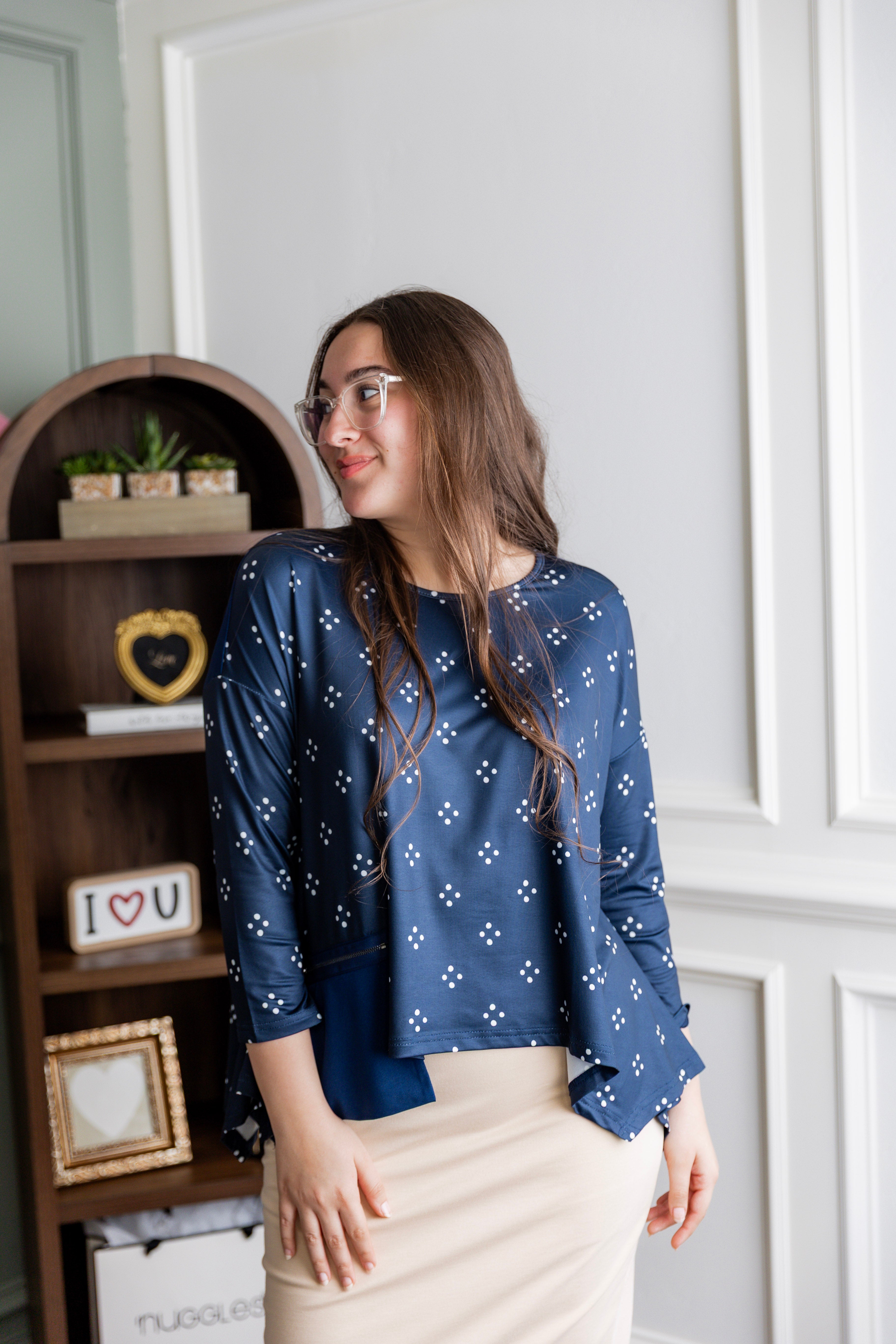 Model wearing the Nuggles® Keegan Top in Starlit Navy print modest boutique top