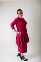 Modest solid Rose Top for women in textured fabric, long hip-length cut, paired with matching midi skirt from Nuggles®