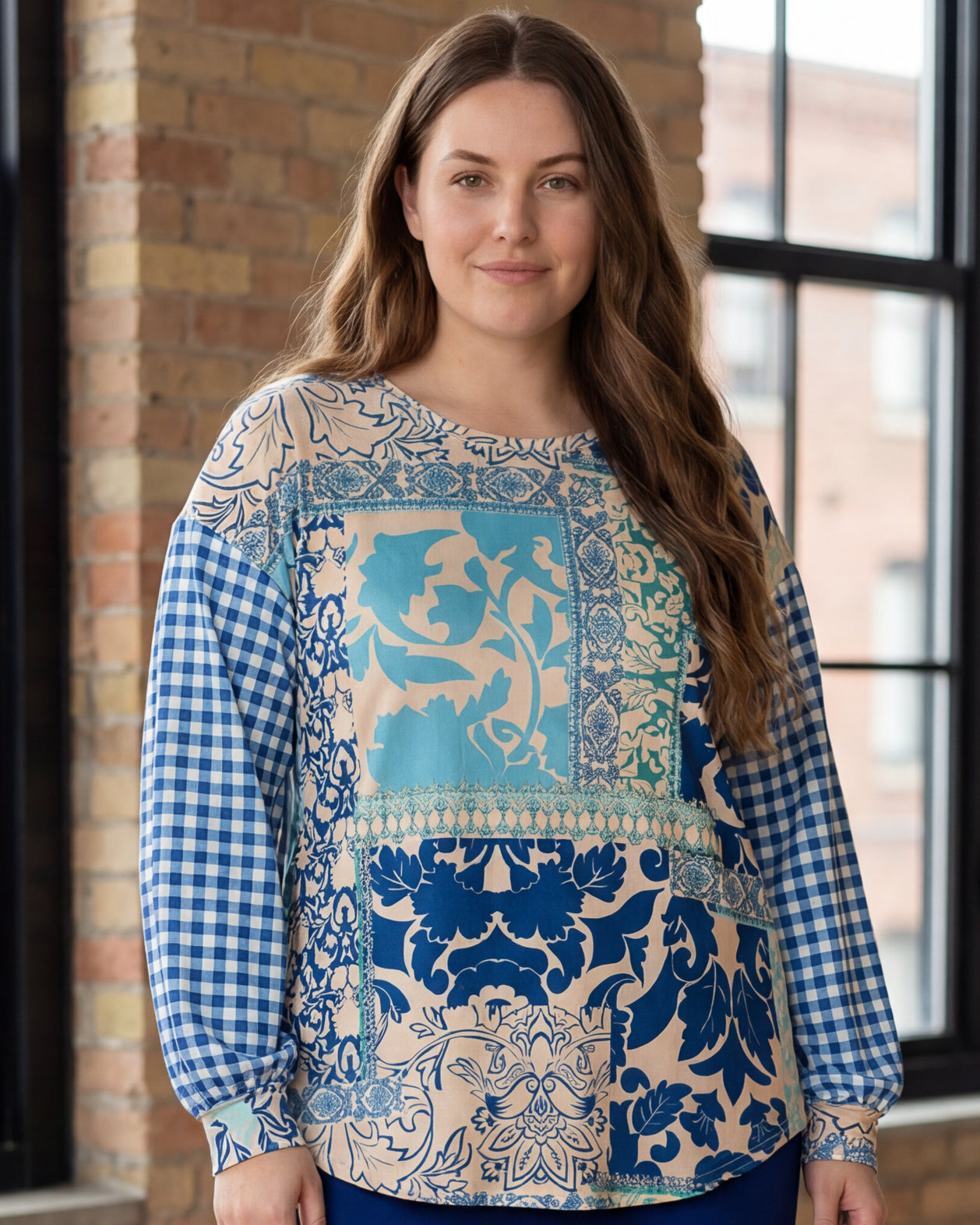 Model wearing Nuggles® Bryauna Top in Lakeside Patch