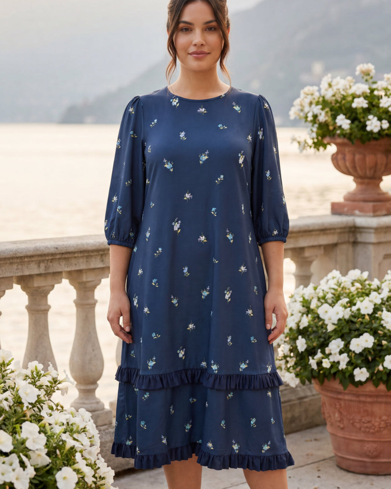 Model wearing Nuggles® Patricia Dress in Harbor Petals