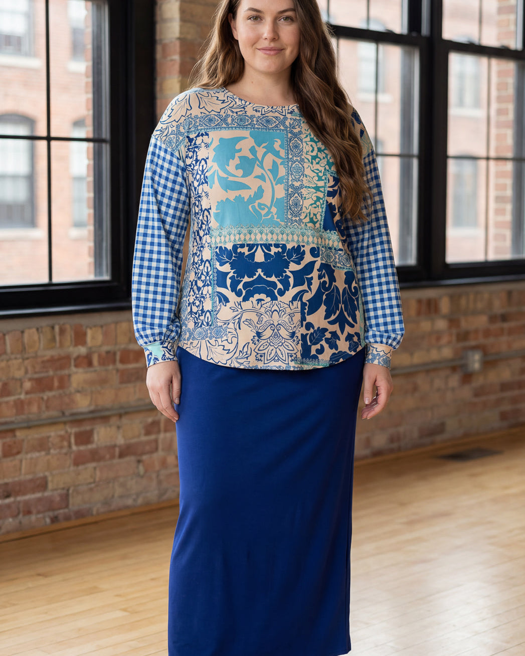 Model wearing Nuggles® Bryauna Top in Lakeside Patch