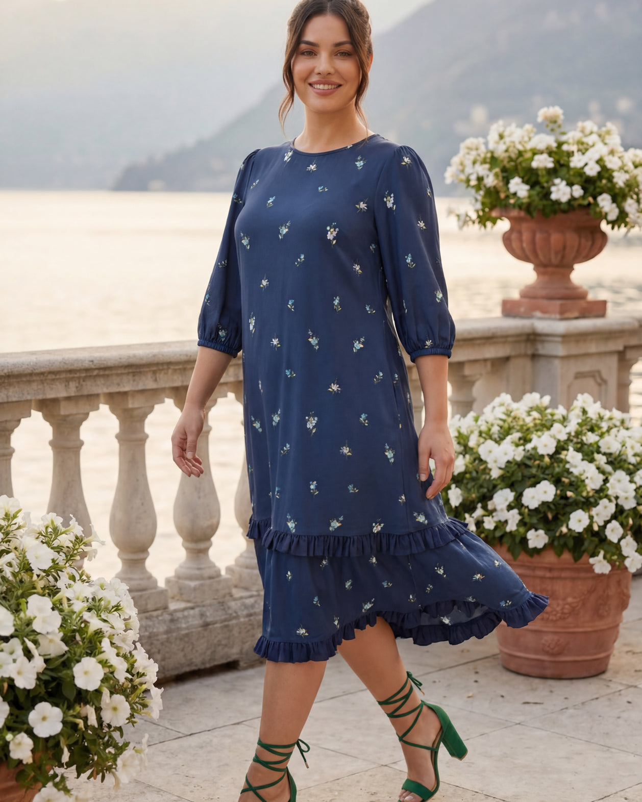 Model wearing Nuggles® Patricia Dress in Harbor Petals