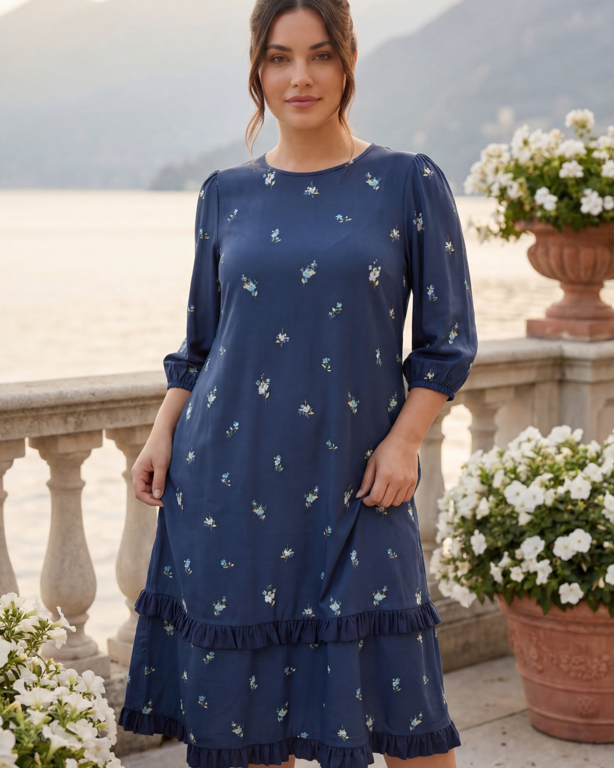 Model wearing Nuggles® Patricia Dress in Harbor Petals