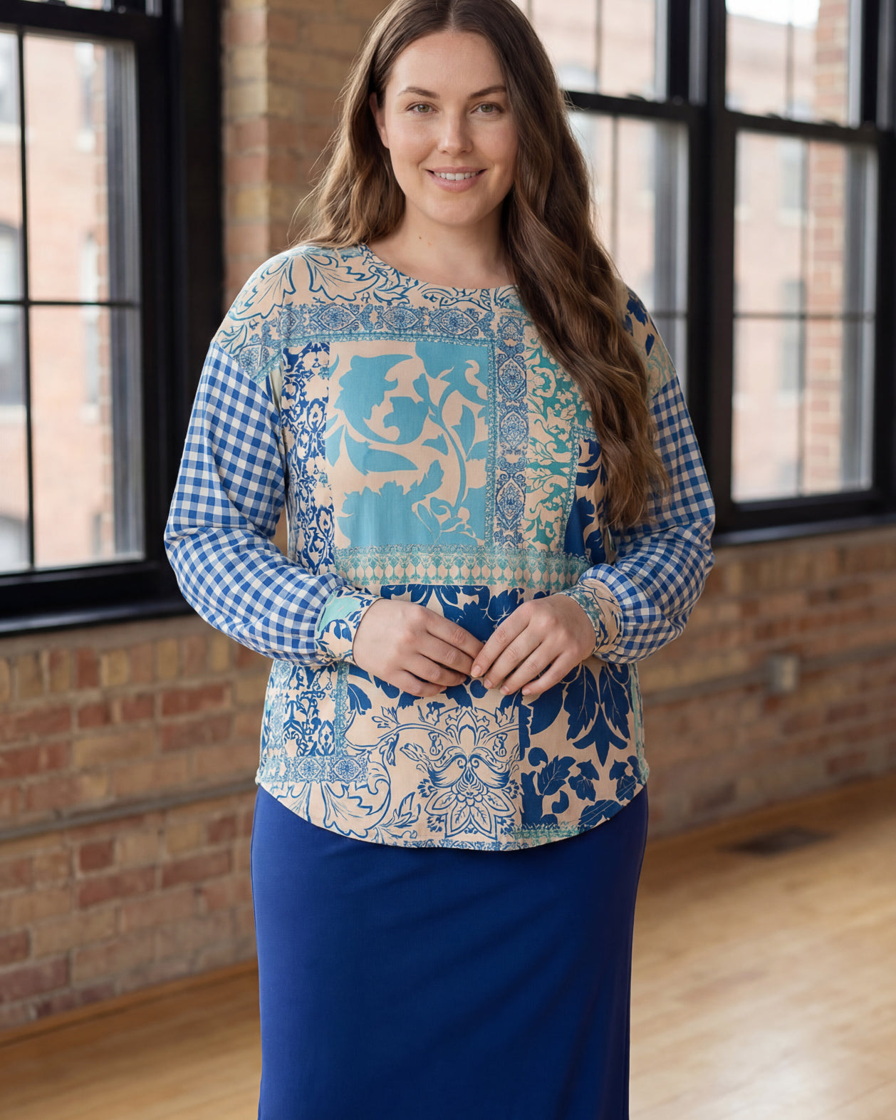 Model wearing Nuggles® Bryauna Top in Lakeside Patch