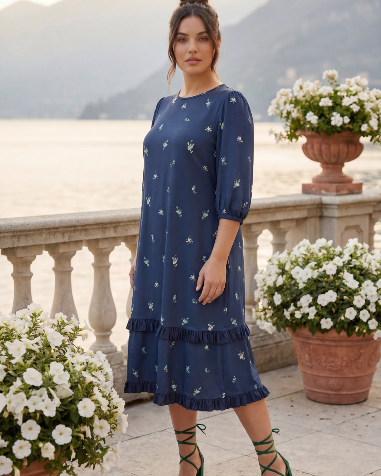 Model wearing Nuggles® Patricia Dress in Harbor Petals