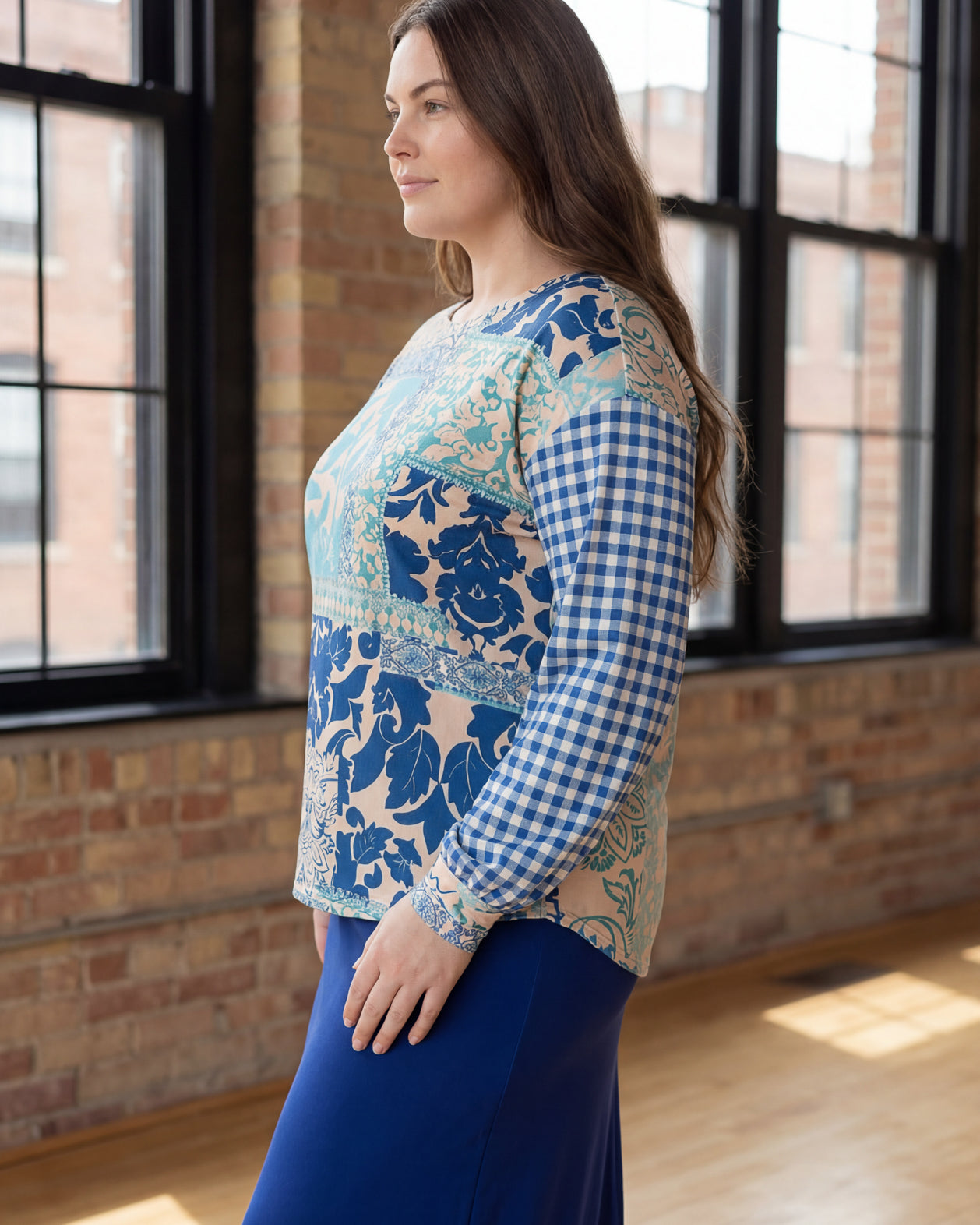 Model wearing Nuggles® Bryauna Top in Lakeside Patch