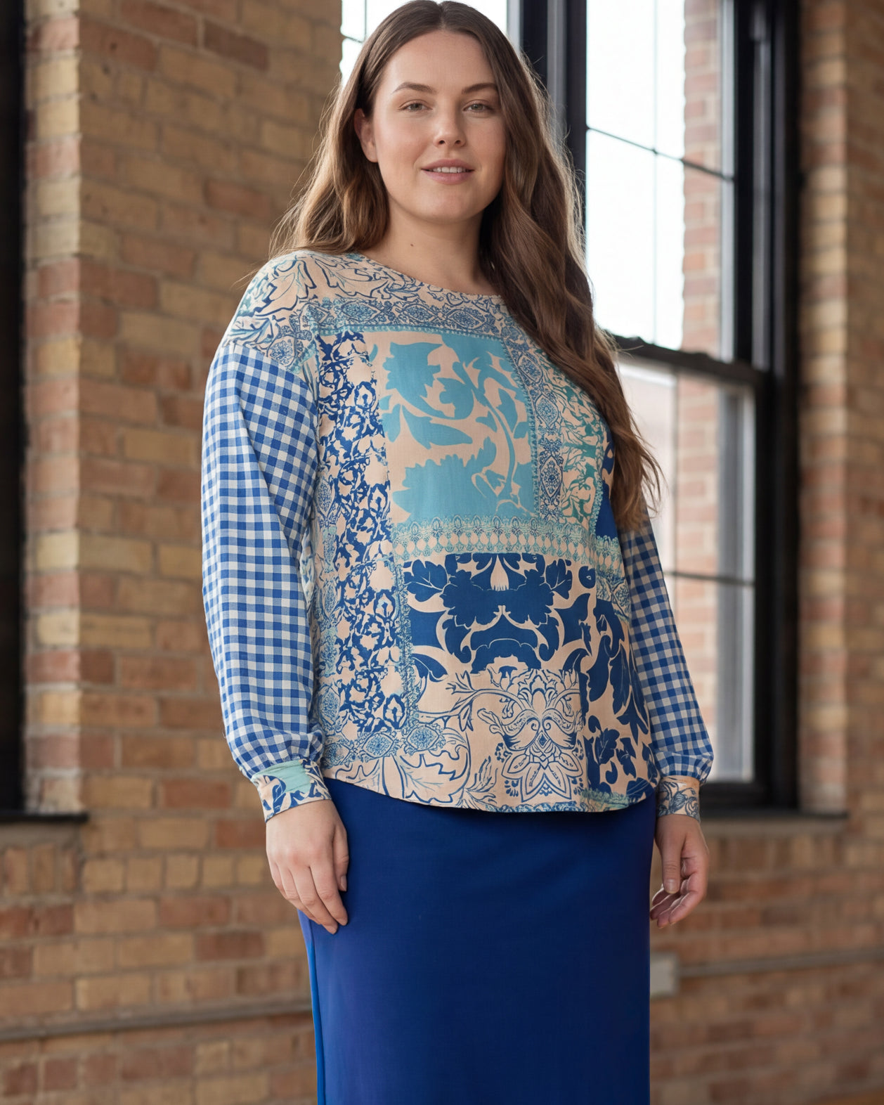 Model wearing Nuggles® Bryauna Top in Lakeside Patch