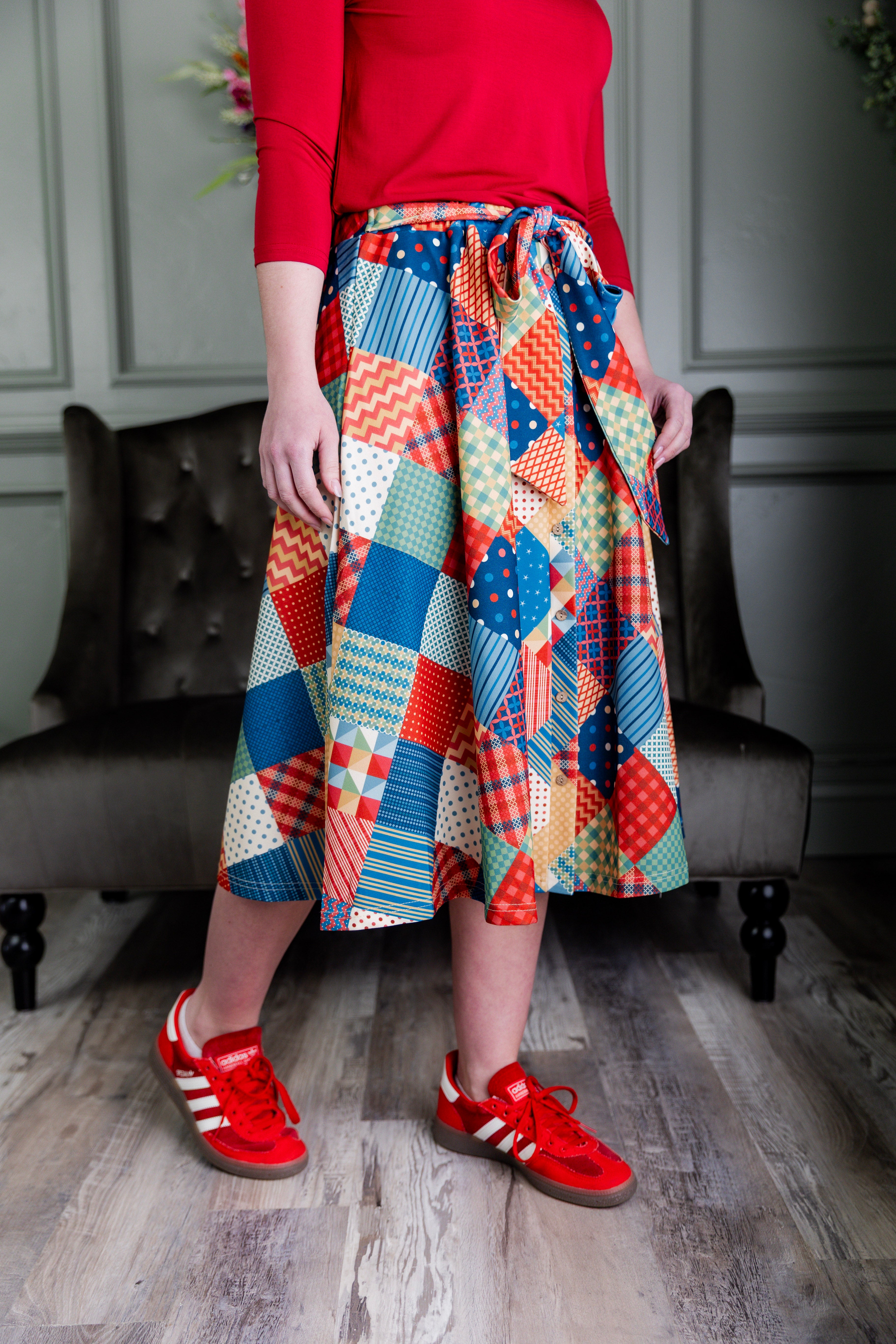 Nuggles® Bria Skirt Scrappy Sweetheart colorful patchwork midi skirt