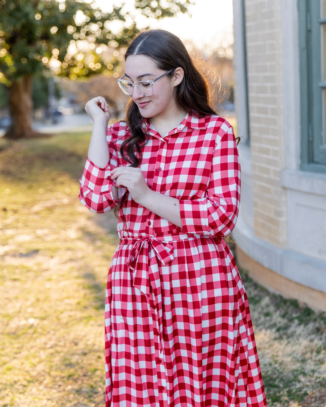 Model wearing the Nuggles® Rachel Dress in Cherry Jam