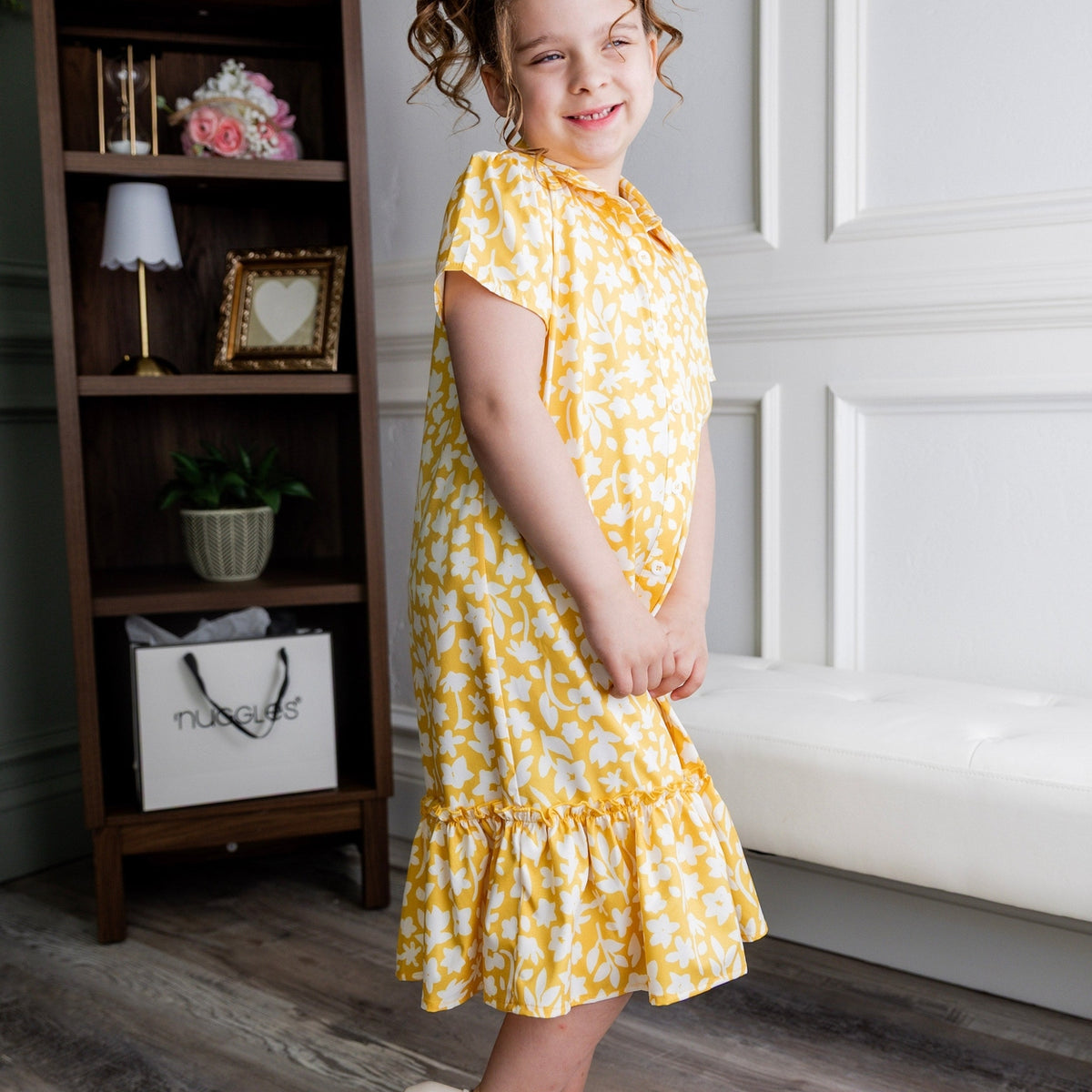 Girls' Modest Ellie Midi Dress in Sunshine Sprig