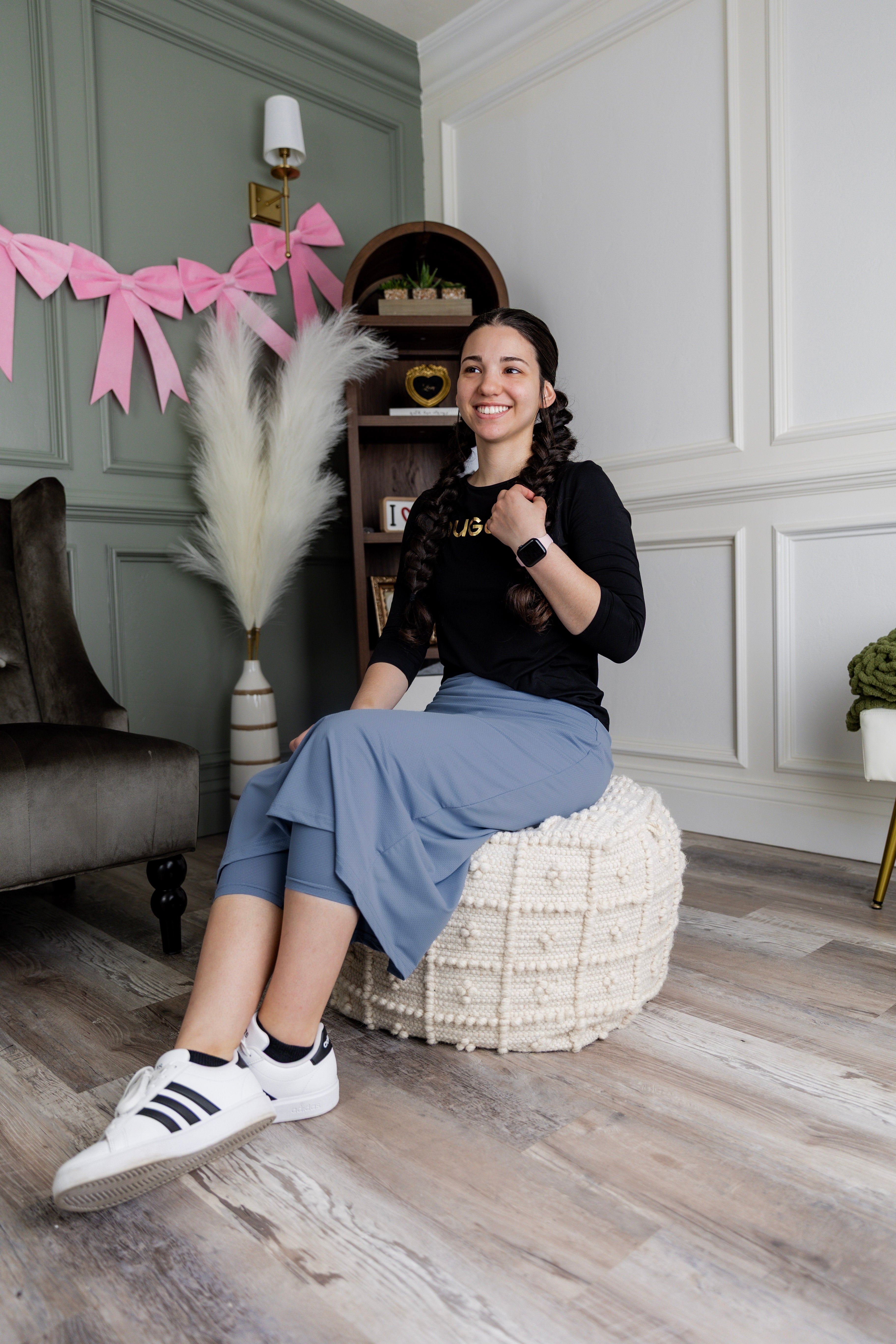 Model wearing Nuggles® 31" All-Sport Skirt in Baby Blue