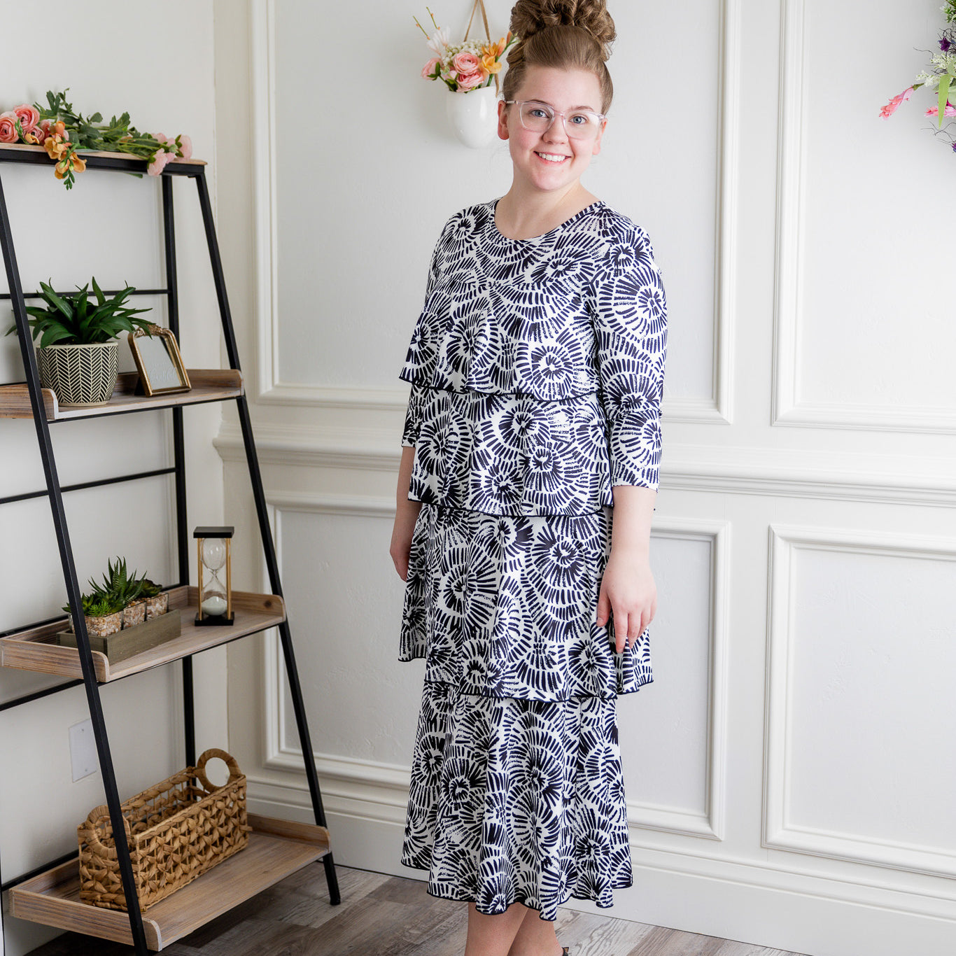 Model wearing the Olivia Dress in soft, modest fabric – timeless, ruffle-free design ideal for church, work, or everyday wear