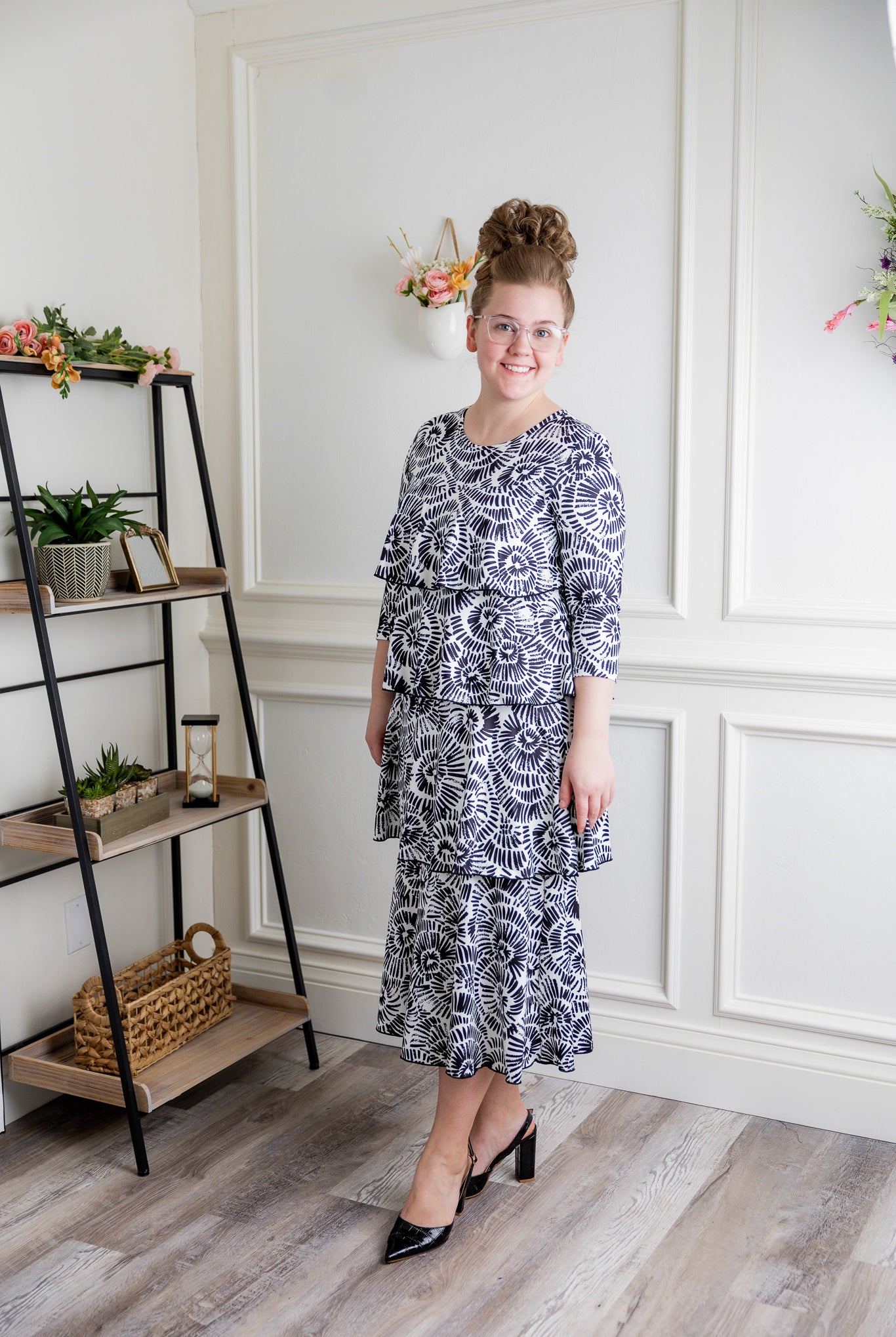Model wearing the Olivia Dress in soft, modest fabric – timeless, ruffle-free design ideal for church, work, or everyday wear
