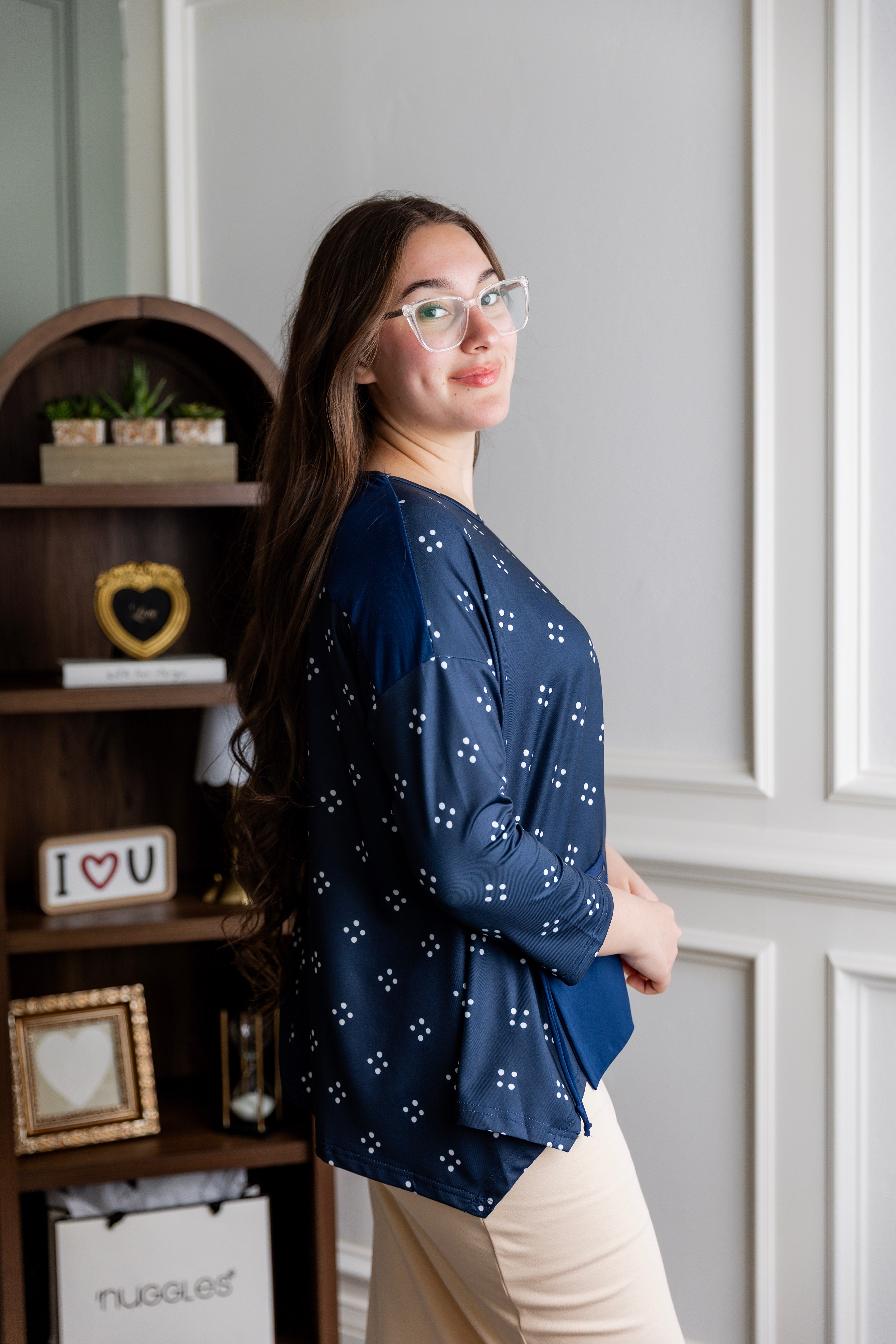 Model wearing the Nuggles® Keegan Top in Starlit Navy print modest boutique top