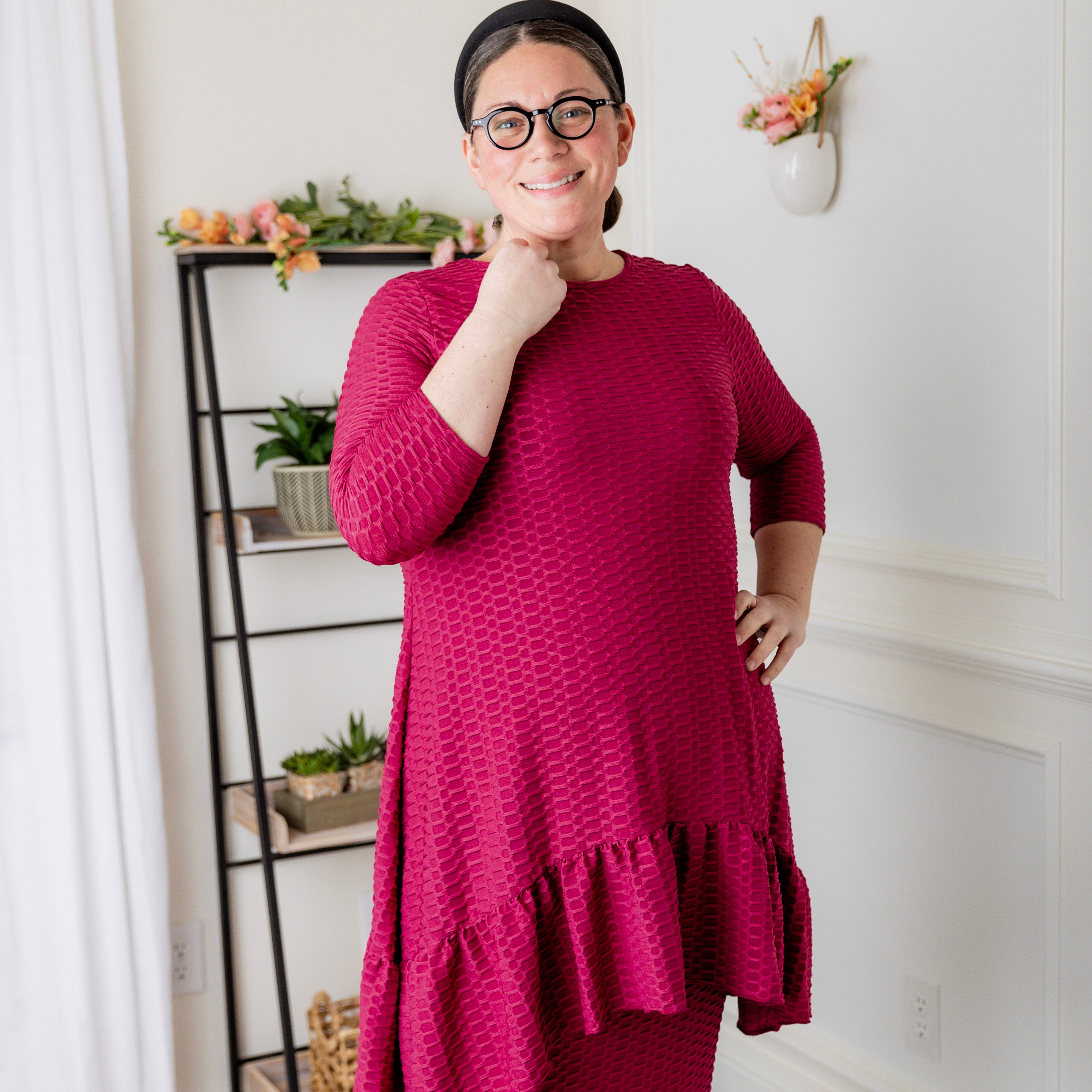 Modest solid Rose Top for women in textured fabric, long hip-length cut, paired with matching midi skirt from Nuggles®