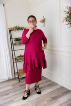 Modest solid Rose Top for women in textured fabric, long hip-length cut, paired with matching midi skirt from Nuggles®