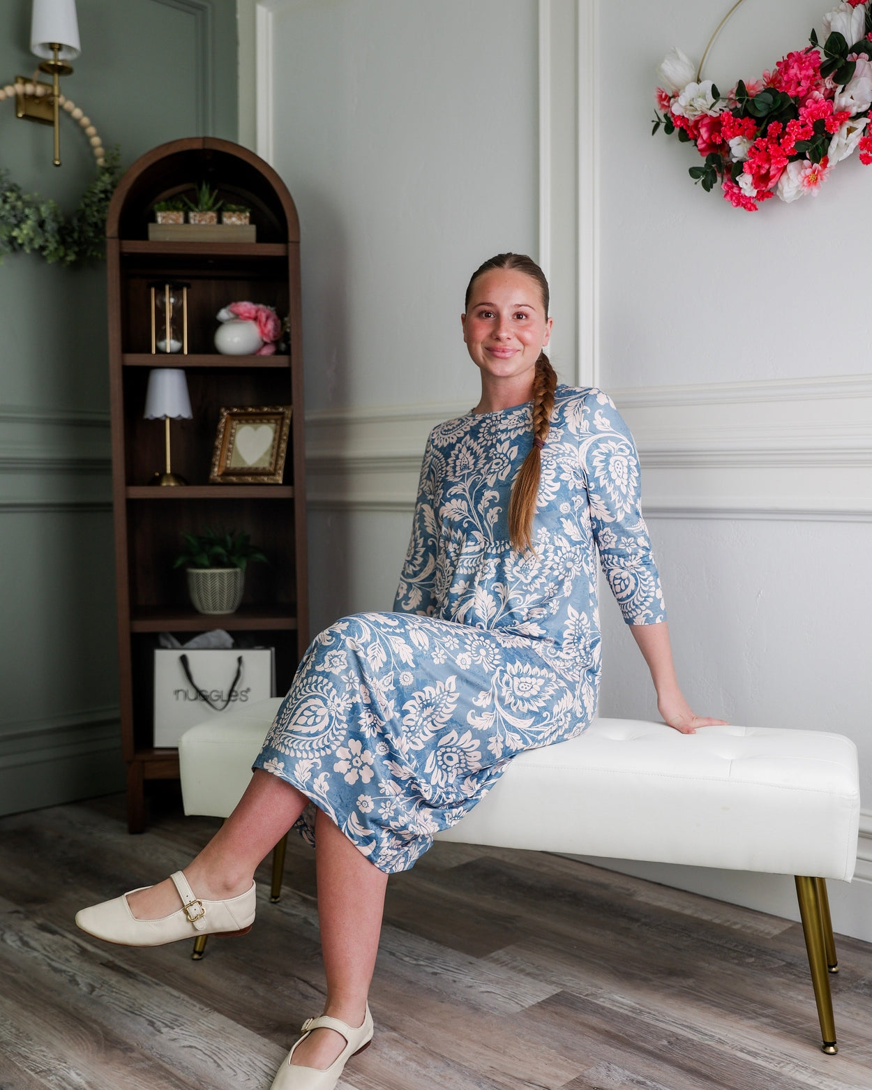 Model wearing Modest Nuggles® Cindy Bubble Dress in Harbor Paisley