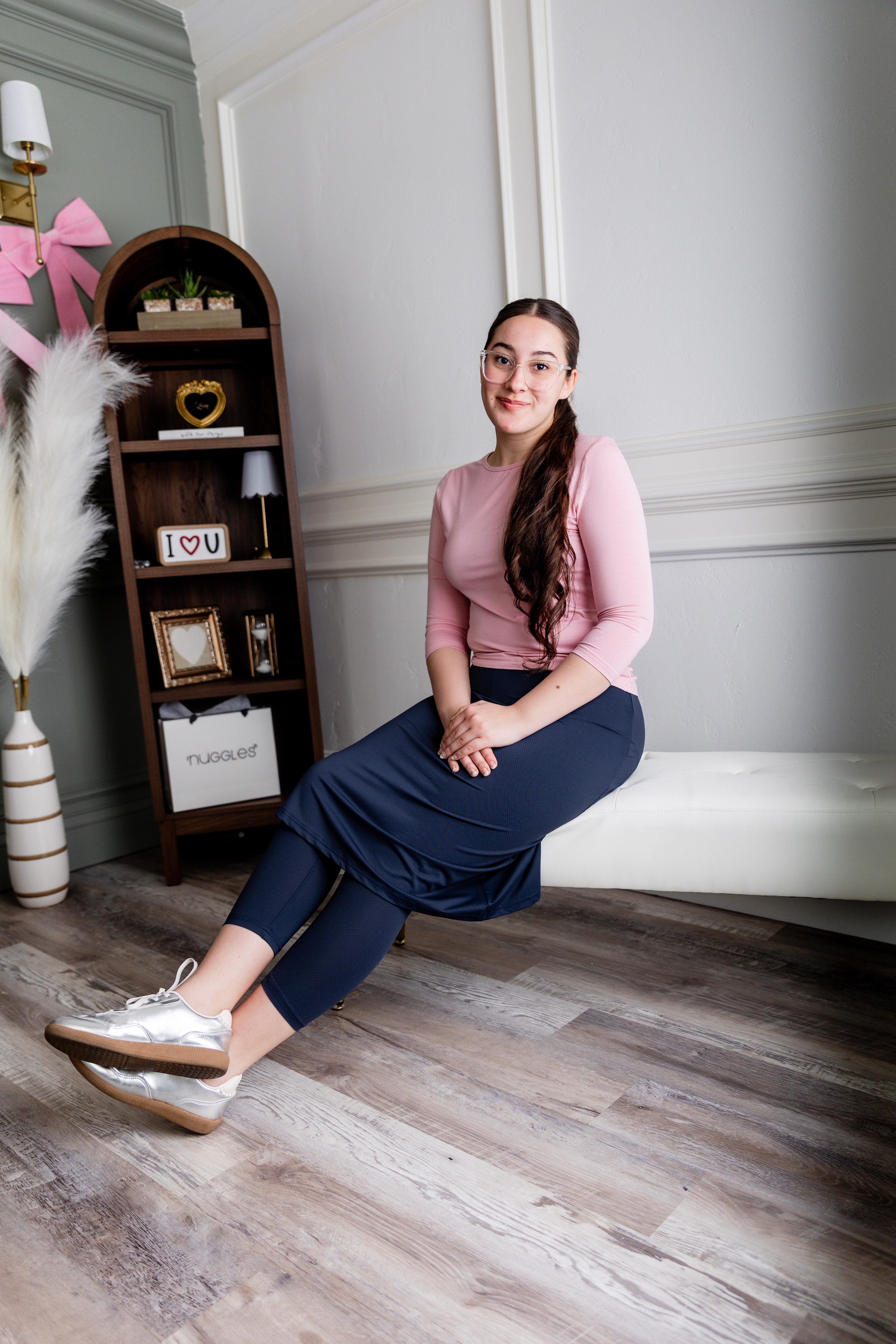 Model wearing Nuggles® 27" All-Sport Skirt in Navy