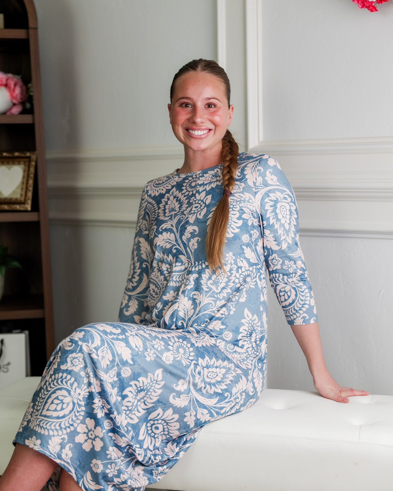 Model wearing Modest Nuggles® Cindy Bubble Dress in Harbor Paisley