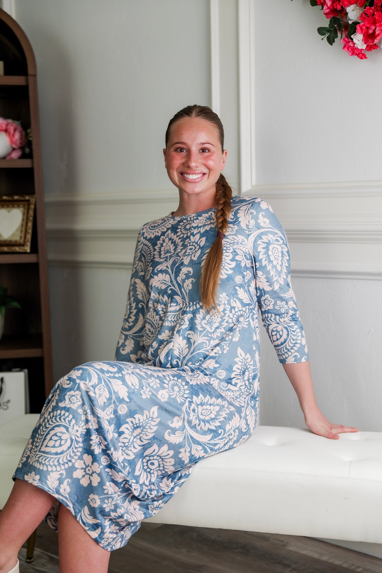 Model wearing Nuggles® Cindy Bubble Dress in Harbor Paisley