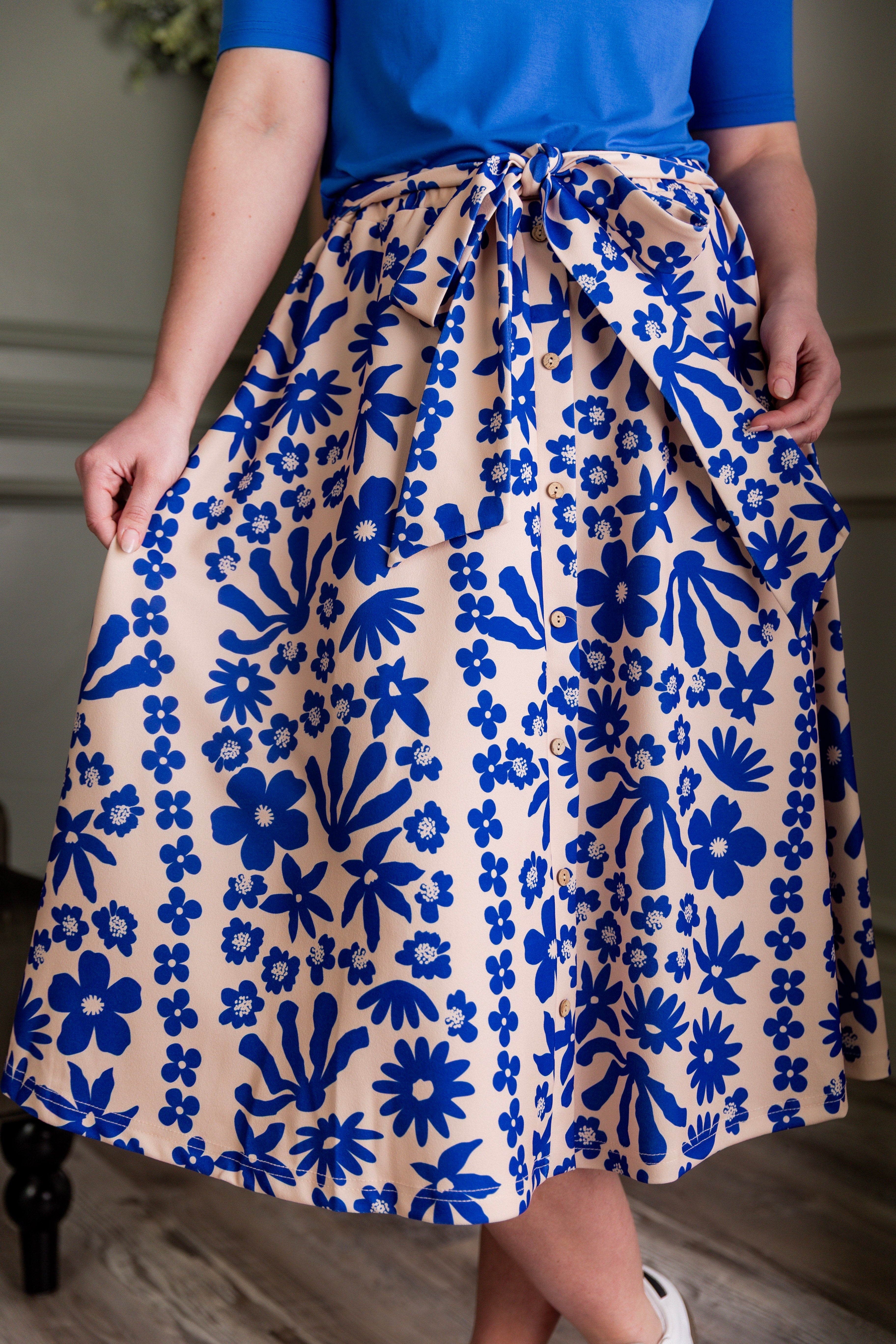 Nuggles® Bria Skirt Sapphire Scrolls blue floral midi skirt