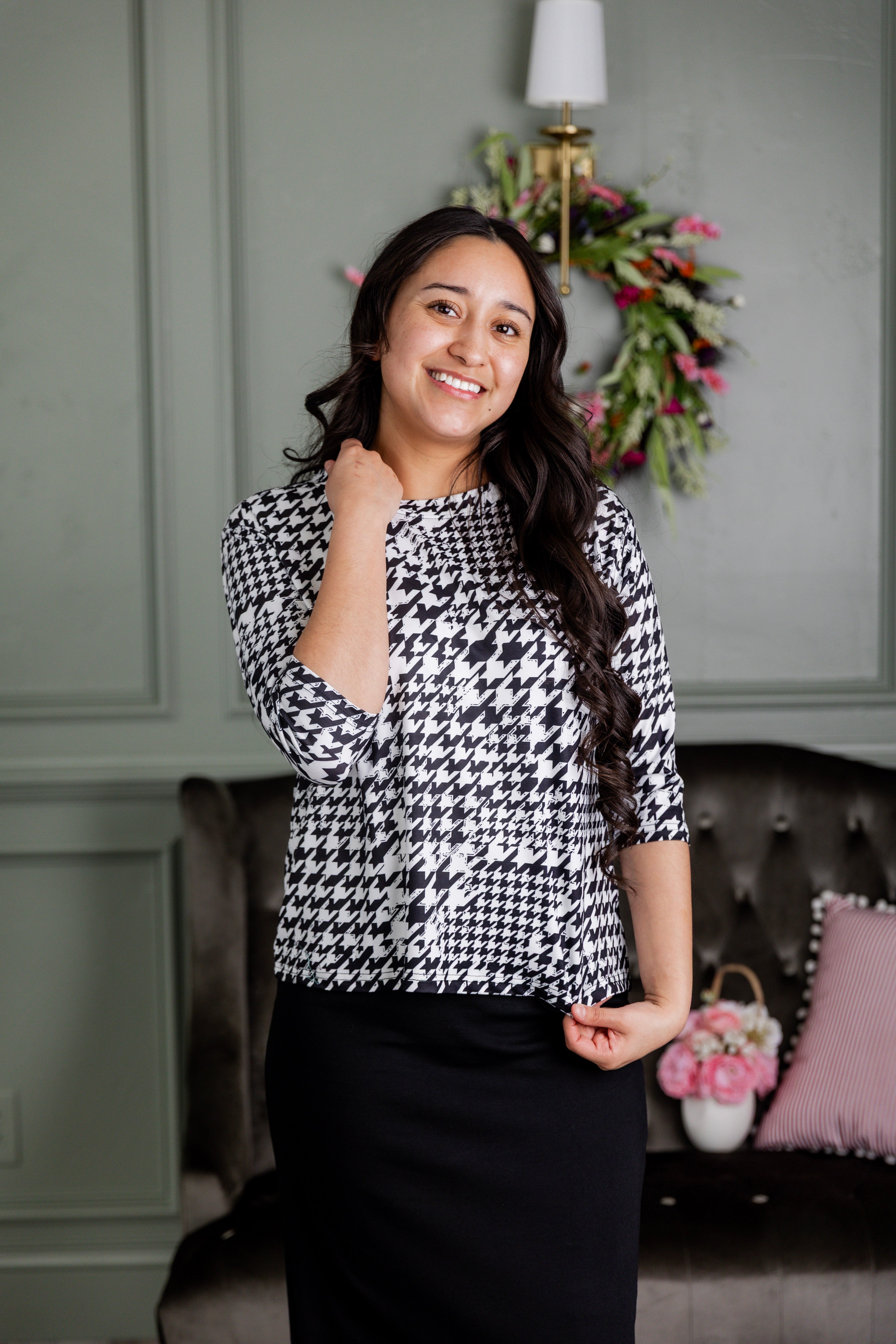 Model wearing the Nuggles® Lucia Top in Classic Charmer