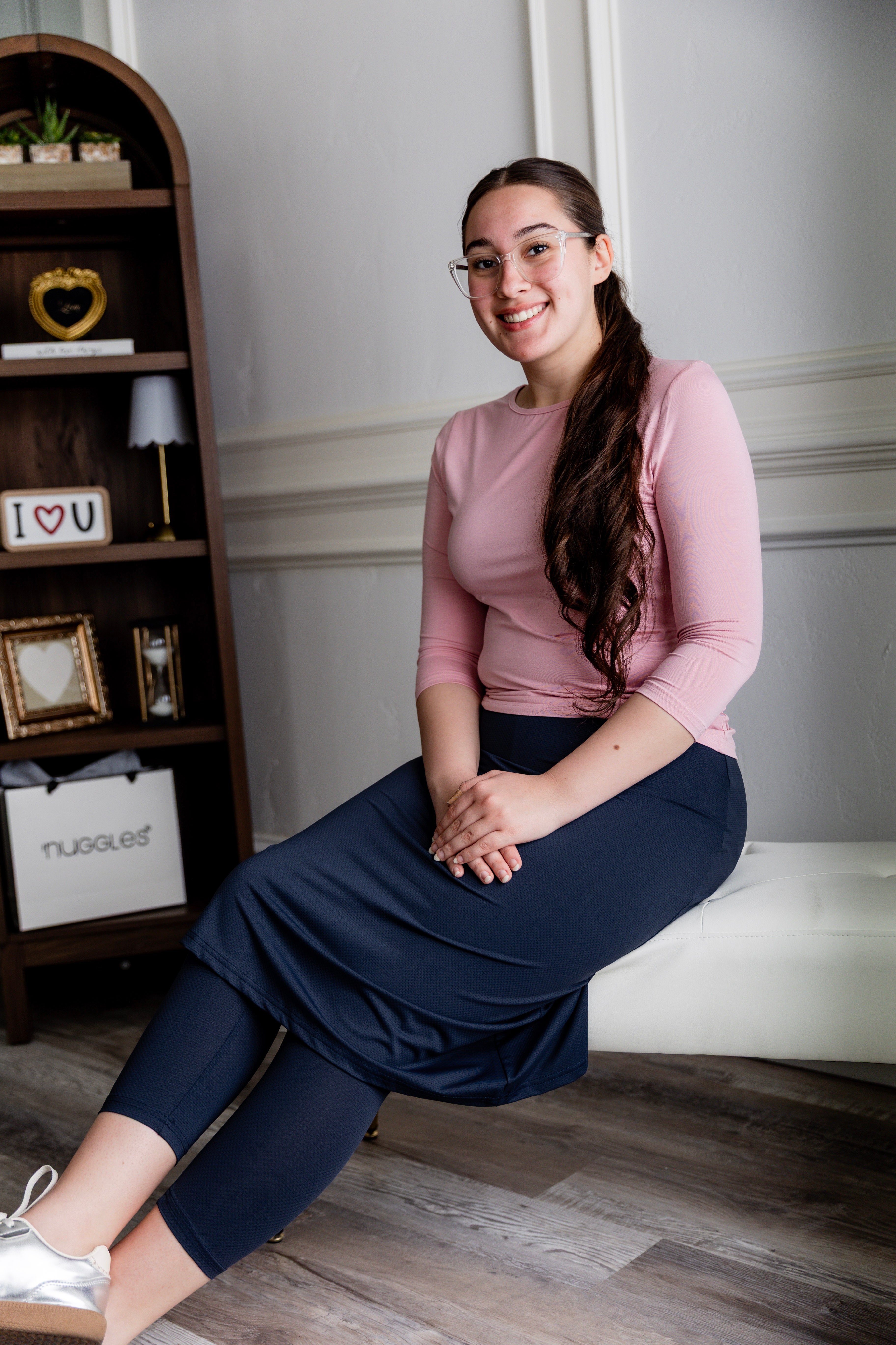 Model wearing Nuggles® 27" All-Sport Skirt in Navy