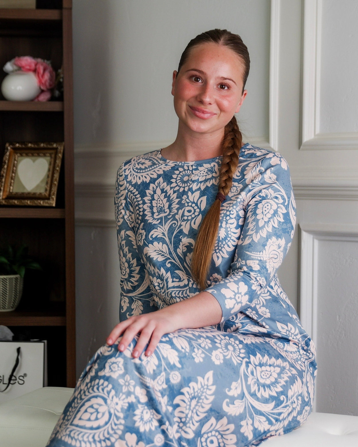 Model wearing Modest Nuggles® Cindy Bubble Dress in Harbor Paisley