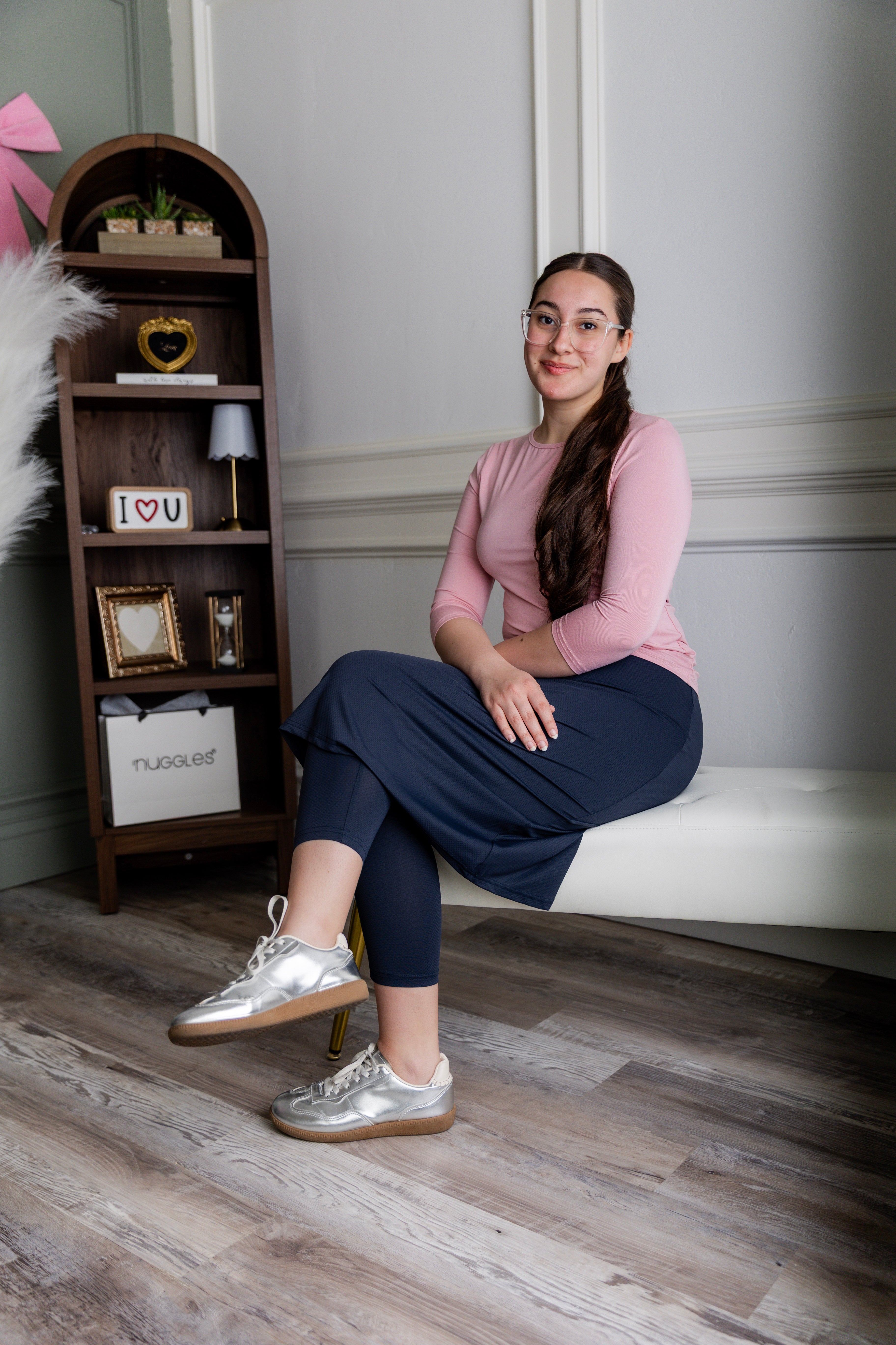 Model wearing Nuggles® 27" All-Sport Skirt in Navy