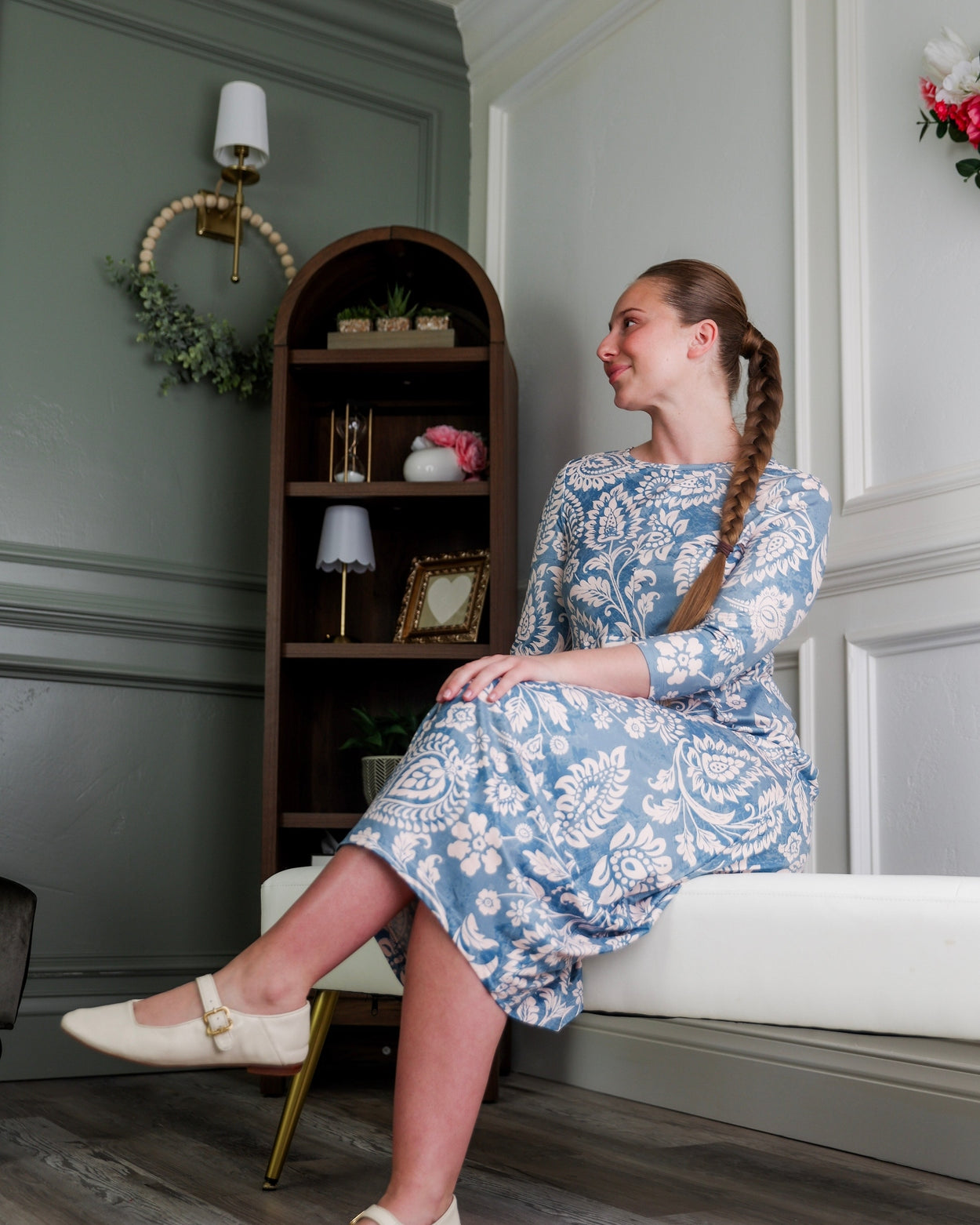 Model wearing Modest Nuggles® Cindy Bubble Dress in Harbor Paisley