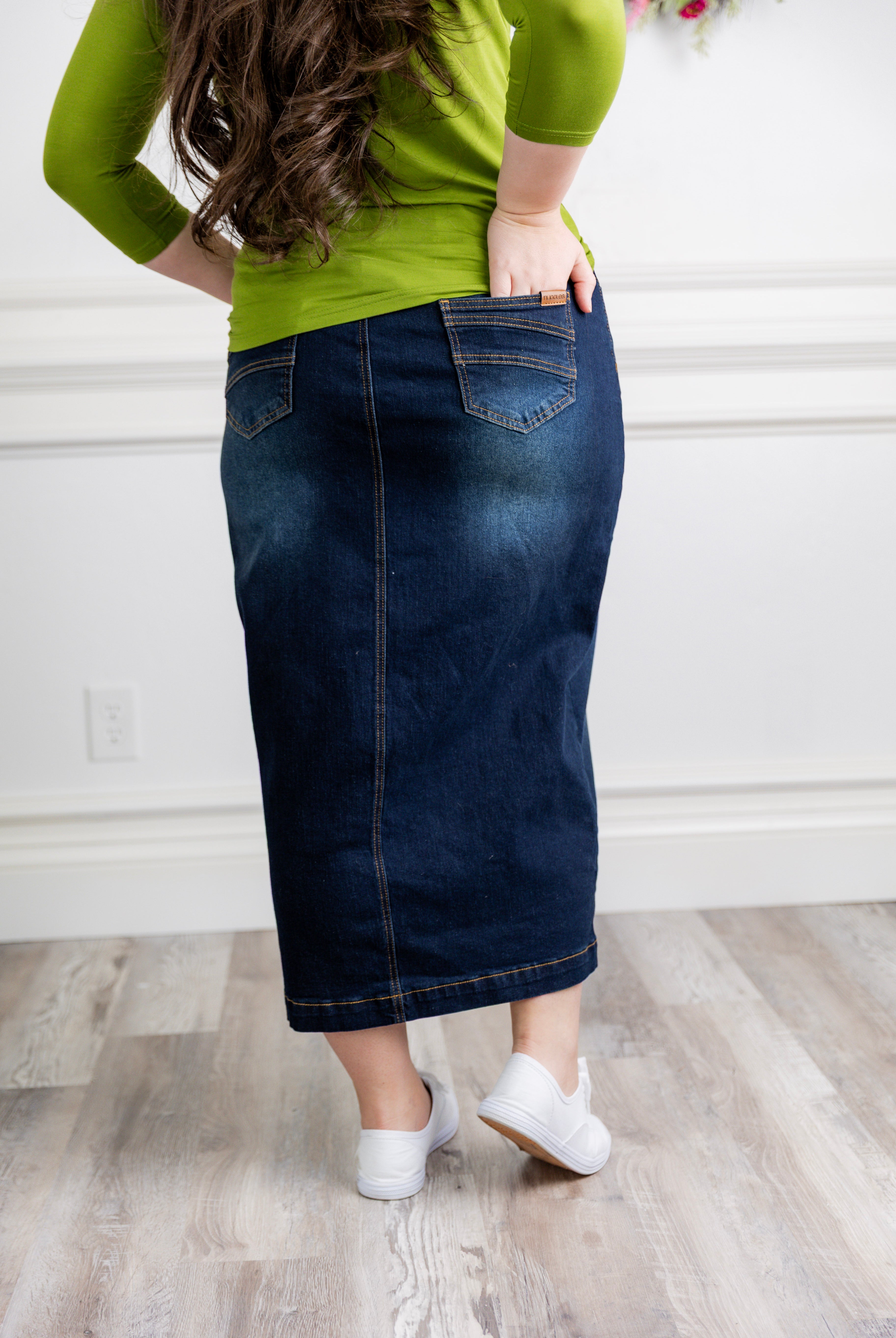 Model wearing Nuggles® modest 34" Denim Skirt.