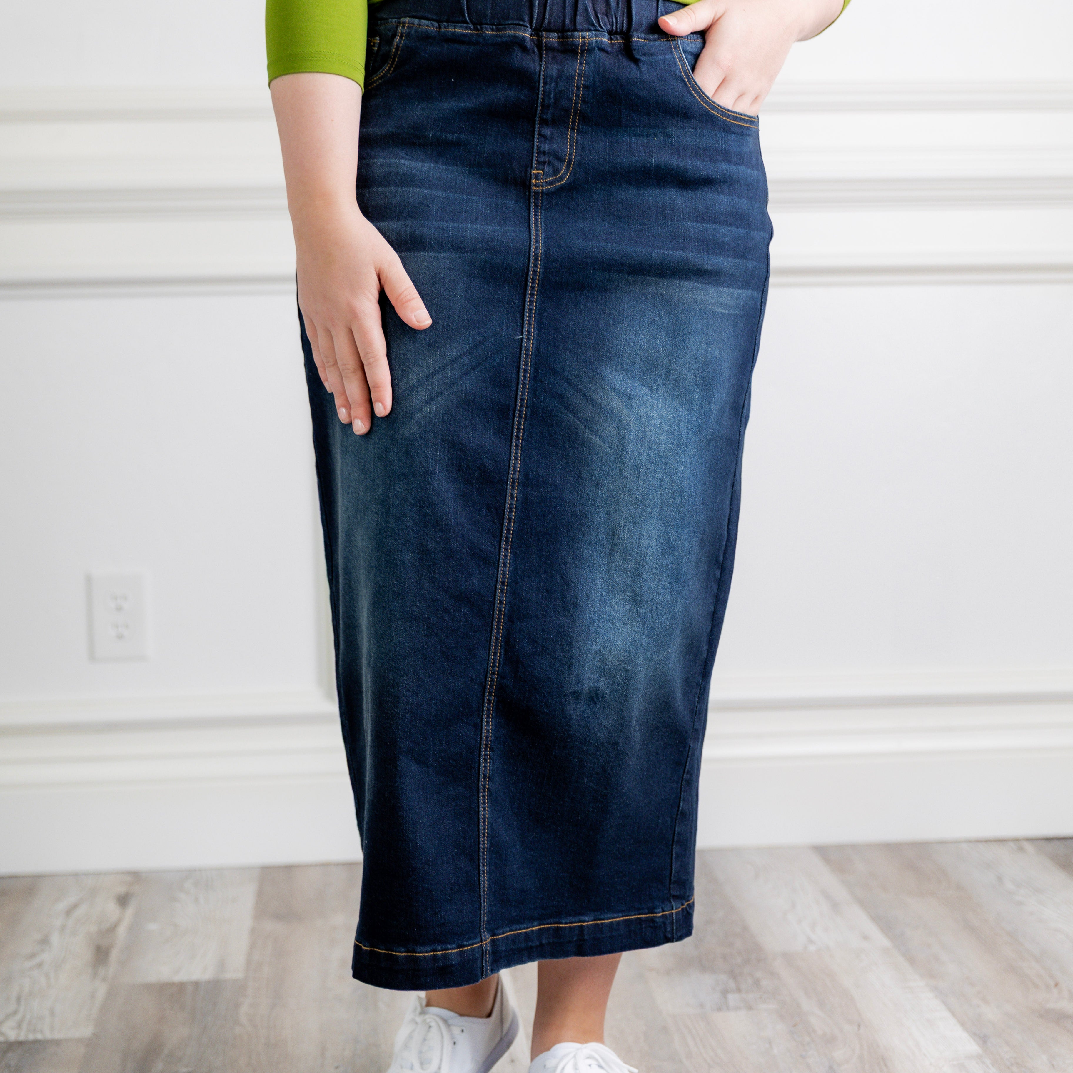 Model wearing Nuggles® modest 34" Denim Skirt.