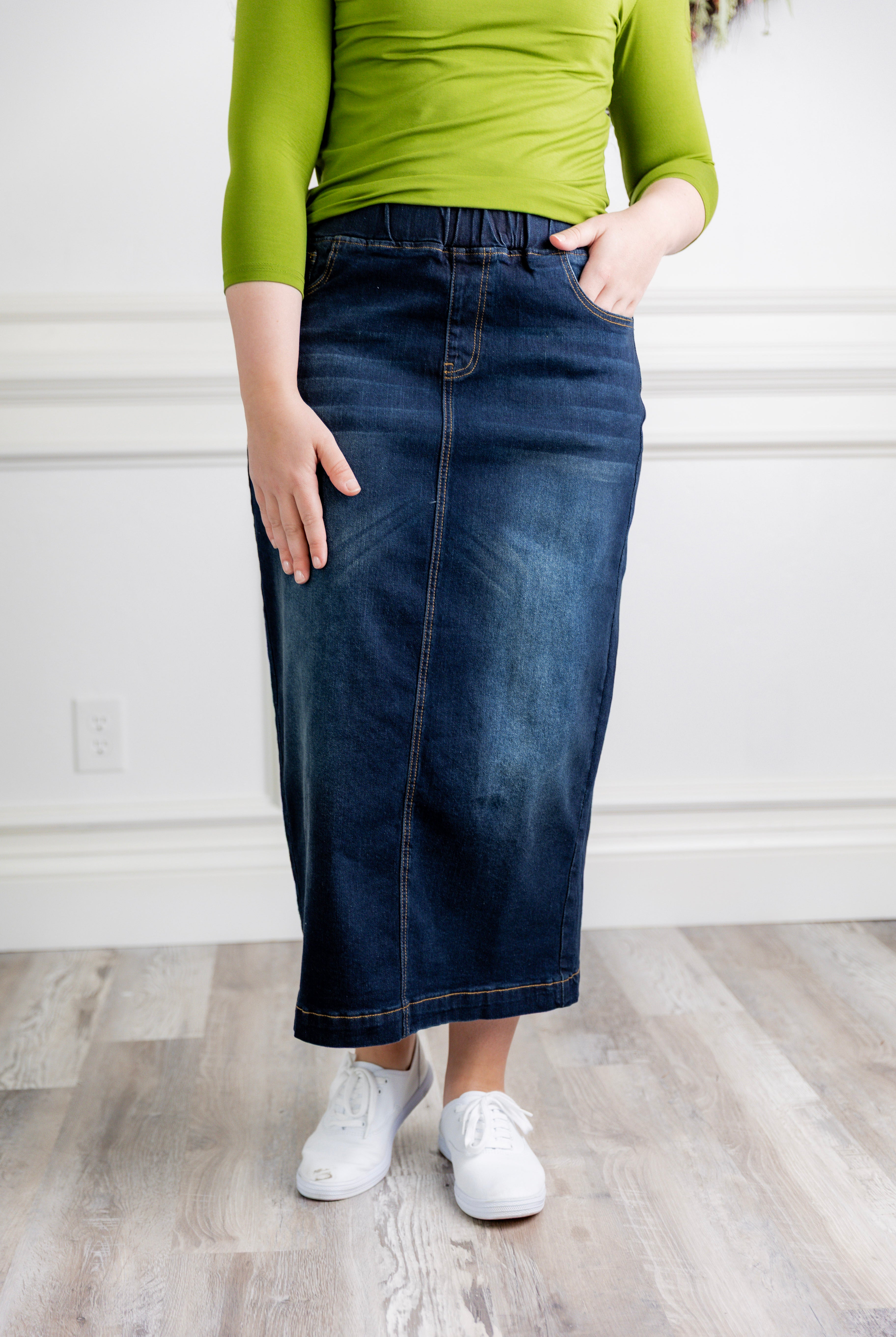 Model wearing Nuggles® modest 34" Denim Skirt.