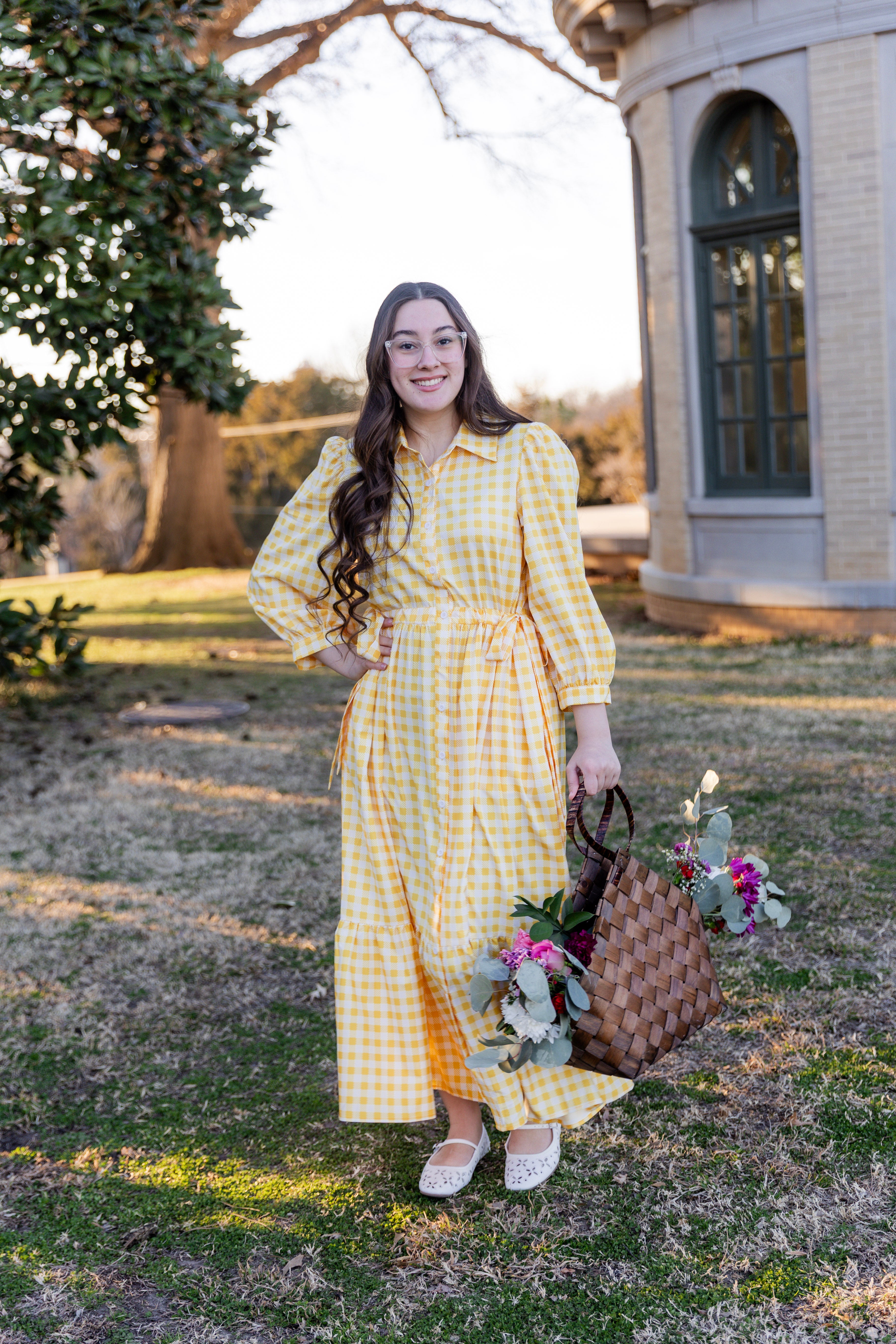 Model wearing the Nuggles® Leila Dress in Sunshine Check